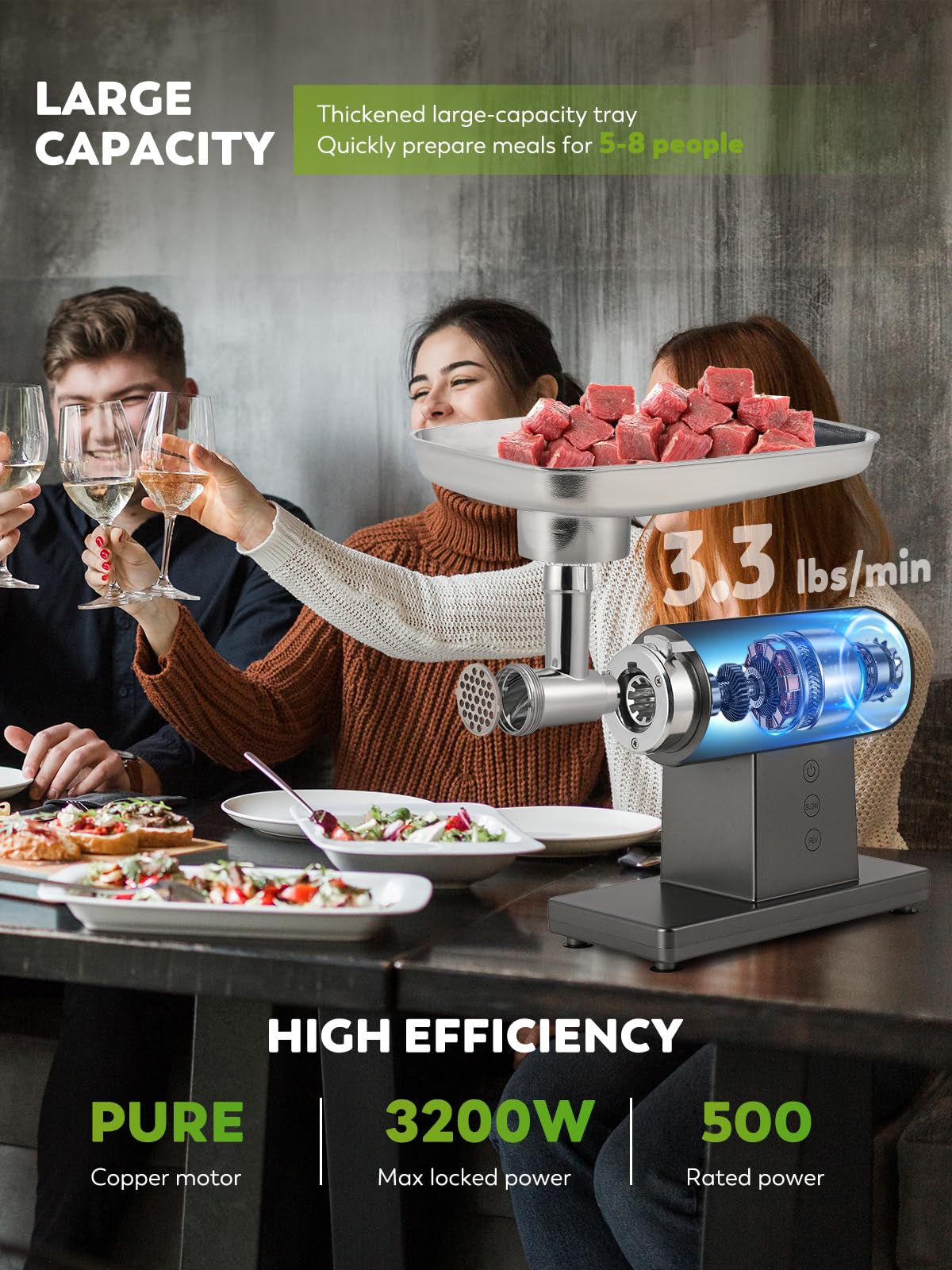 Flyseago Meat Grinder Electric 3200W Meat Mincer Chopper Machine Multifunctional with Cutting Blade 3 Grinding Plates 3 Sausage Stuffers Kubbe Kit Juicer Cheese Grater Veggie Shredder