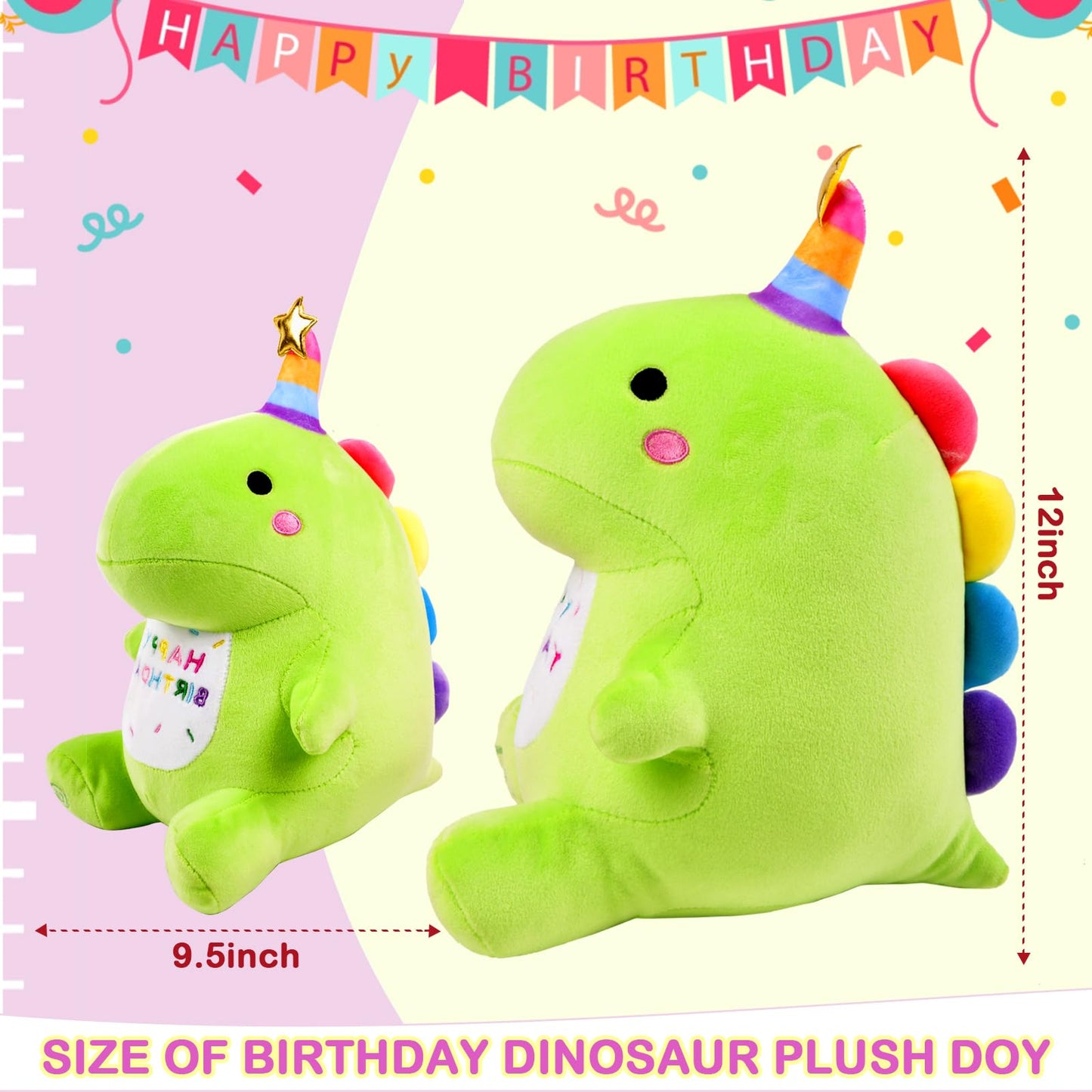Birthday Dinosaur Plush Stuffed Animal - 12" Green Plush Toy with Light & Happy Birthday Music, Weighted Dino Plushie, Cute Kawaii Soft Pillow Gifts Stuffies for Boys Girls Babies Kids Decorations