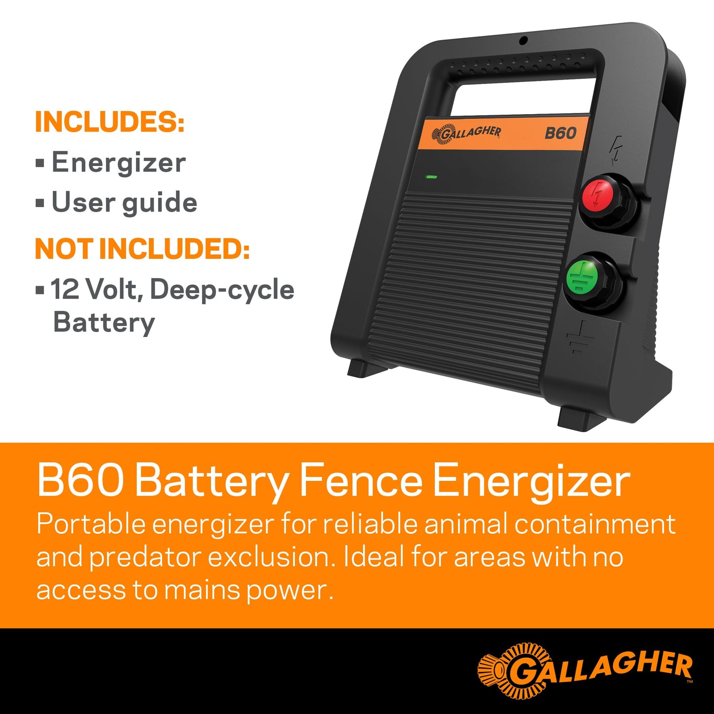 Gallagher B60 Battery Fence Energizer | 0.6 Joule Portable Electric Fence Charger for Livestock & Temporary Fencing | 12V Battery Powered | Powers Up to 15 Miles