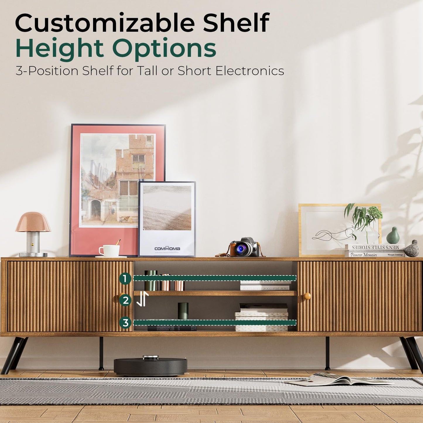 COMHOMA TV Stand for Living Room, Mid Century Modern Entertainment Center for 65/70/75 Inch TVs, Retro Brown TV Console with Fluted Door Cabinets and Open Adjustable Shelve Storage for Bedroom (70In)