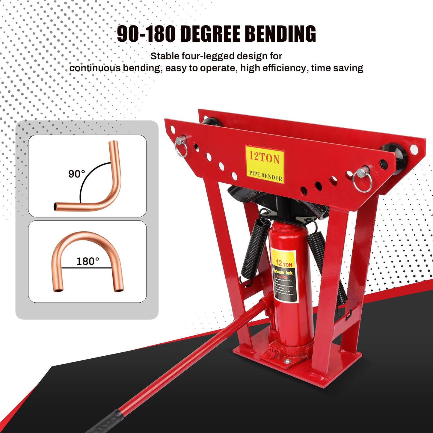 12 Ton Hydraulic Pipe Bender, Manual Copper Pipe Bender, 90°-180° Adjustable Rollers Hydraulic Tubing Bender with 6 Dies for Steel Iron Metal Ratcheting