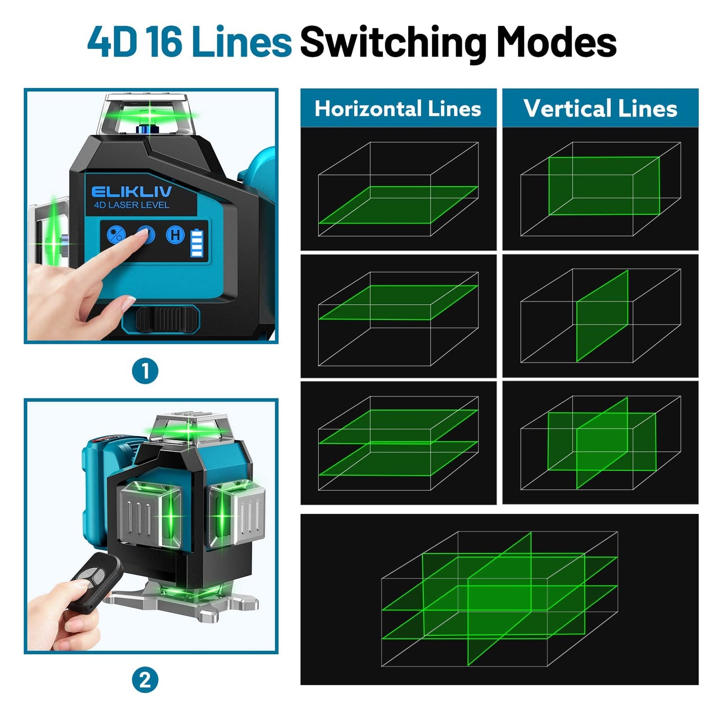 Elikliv Laser Level 360 Self Leveling, 200Ft Green Laser Level Lines Tool, 4x360° Cross Line Laser, Self Leveling Laser Level for Construction＆Picture Hanging, Rechargeable Batterie(16Hrs)