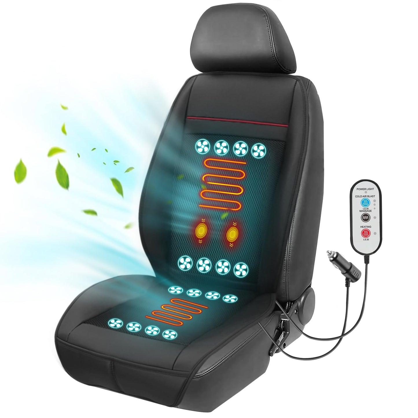 Fochutech Cooling Car Seat Cover with Massage 12V Front Seat Cooler for Vehicle Breathable Warm & Cooling Car Seat Cushion Summer Driving Ventilated 16 Fans Cooling Seat Cover for Car (Black)
