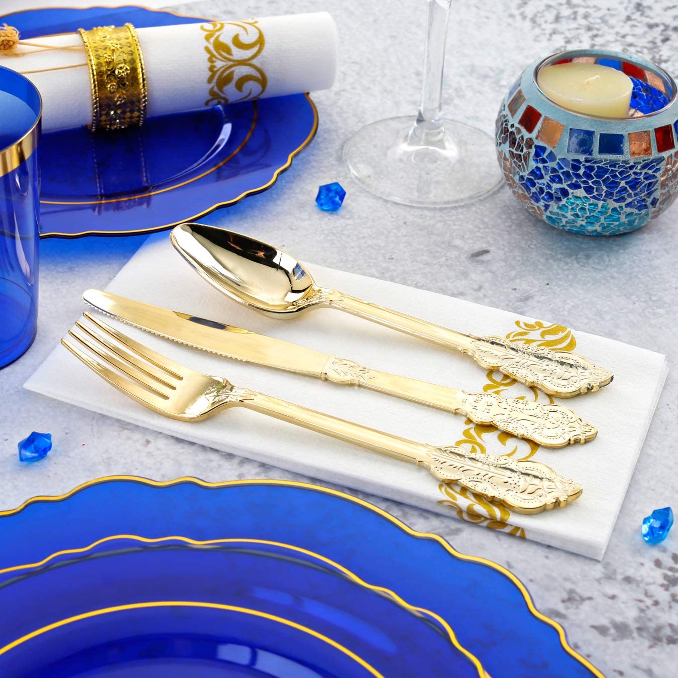 KIRE 210Pcs Blue Plastic Plates with Gold Rim& Disposable Plastic Silverware &Blue Cups&Hand Napkin- Baroque Clear Dinnerware for Parties/Wedding