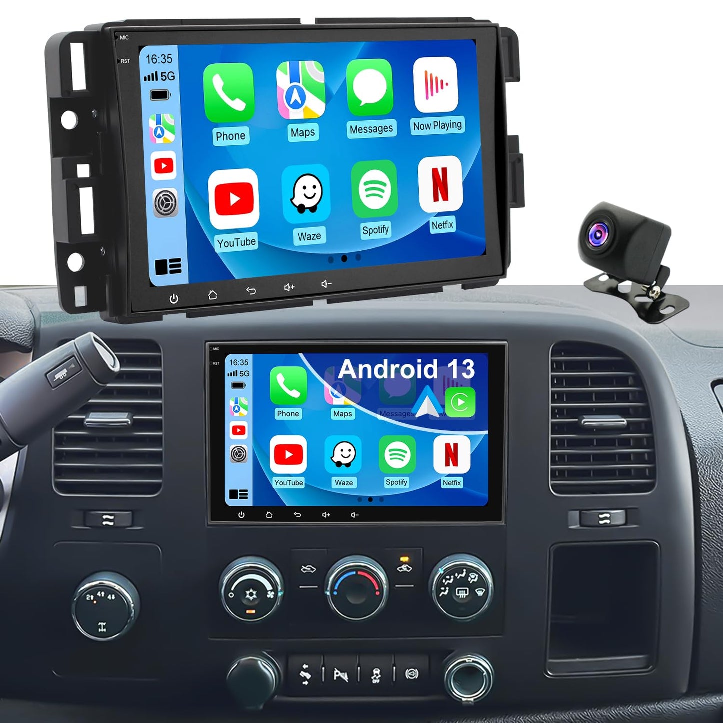 Car Radio for GMC Sierra 1500/2500/3500 2007-2013, Chevrolet Chevy Silverado 1500/2500/3500 2007-2013, Yukon 2007-2014, Impala 2007-2013, 8'' Carplay Touch Screen Android Auto Stereo, GPS FM BT Camera