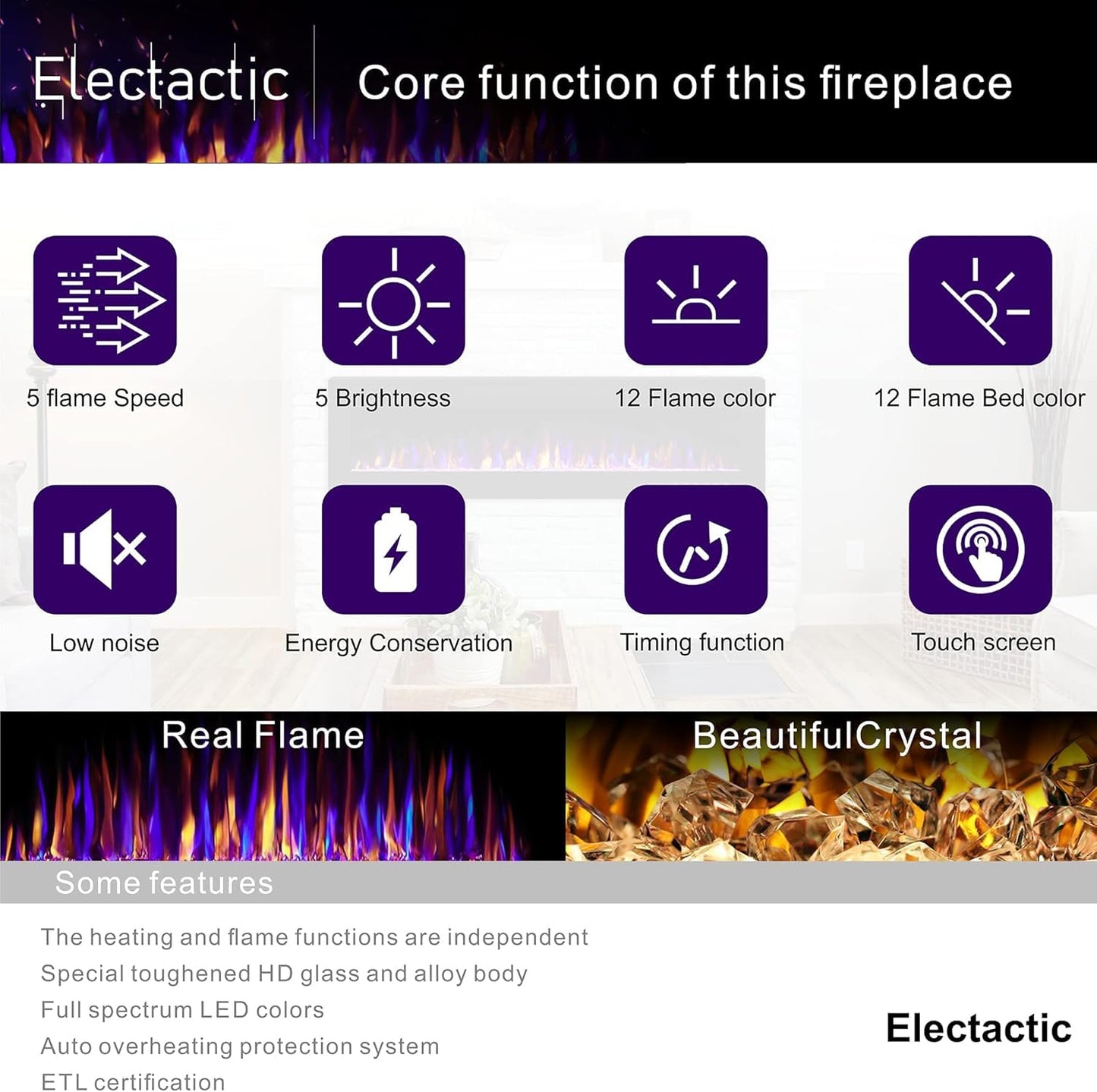 Electactic 50 Inch Electric Fireplace Insert Ultra-Thin - Recessed & Wall-Mounted Fireplace Heater with Thermostat, Adjustable Flame, Remote Control - Linear with Timer, Touch Screen, 750/1500W