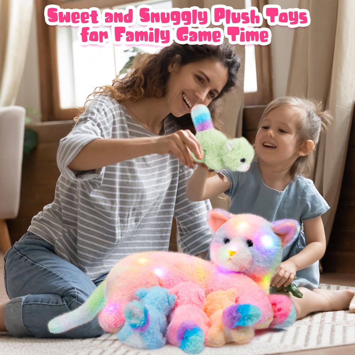 Skylety Nurturing Cat Stuffed Animal with 4 Plush Kittens, Cats Baby Stuffed for Girls Boys Plushy Mommy Kitty with Baby Kittens for Birthday Party Favors Gifts(LED Style)