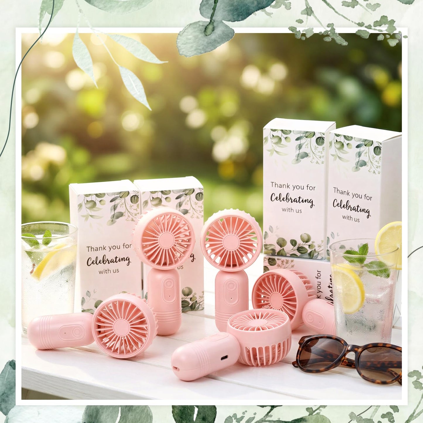 Retisee 50 Pack Wedding Portable Mini Handheld Battery Powered Fans Gift for Guests Thank You USB Small Personal Fan with 3 Speeds for Summer Bridal Shower Party Favor(Leaf,Pink)