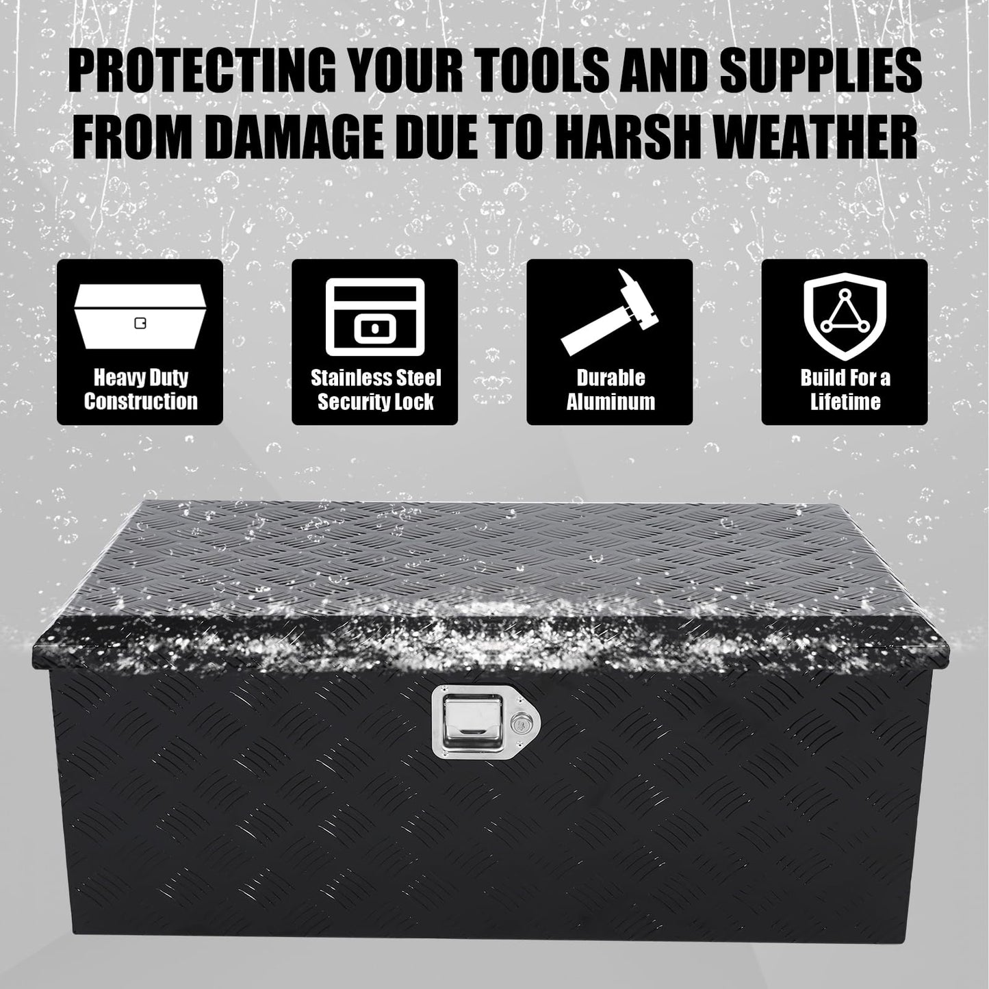 confote 35 Inch Aluminum Stripes Plated Tool Box Pick Up Truck Bed RV Trailer Toolbox Waterproof Square Storage Organizer with Lock and Keys - Black