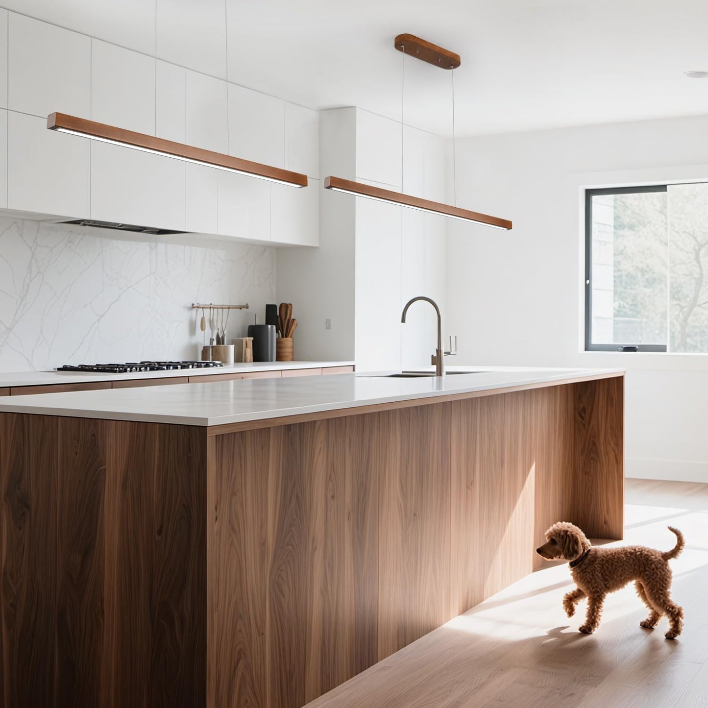 QJCMUUYI 47 Inch Wood Linear Pendant Light Dimmable LED Kitchen Island Lighting with Remote Adjustable Hanging Chandelier for Dining Room Bar Pool Table 30W Modern Farmhouse Fixture Walnut Color