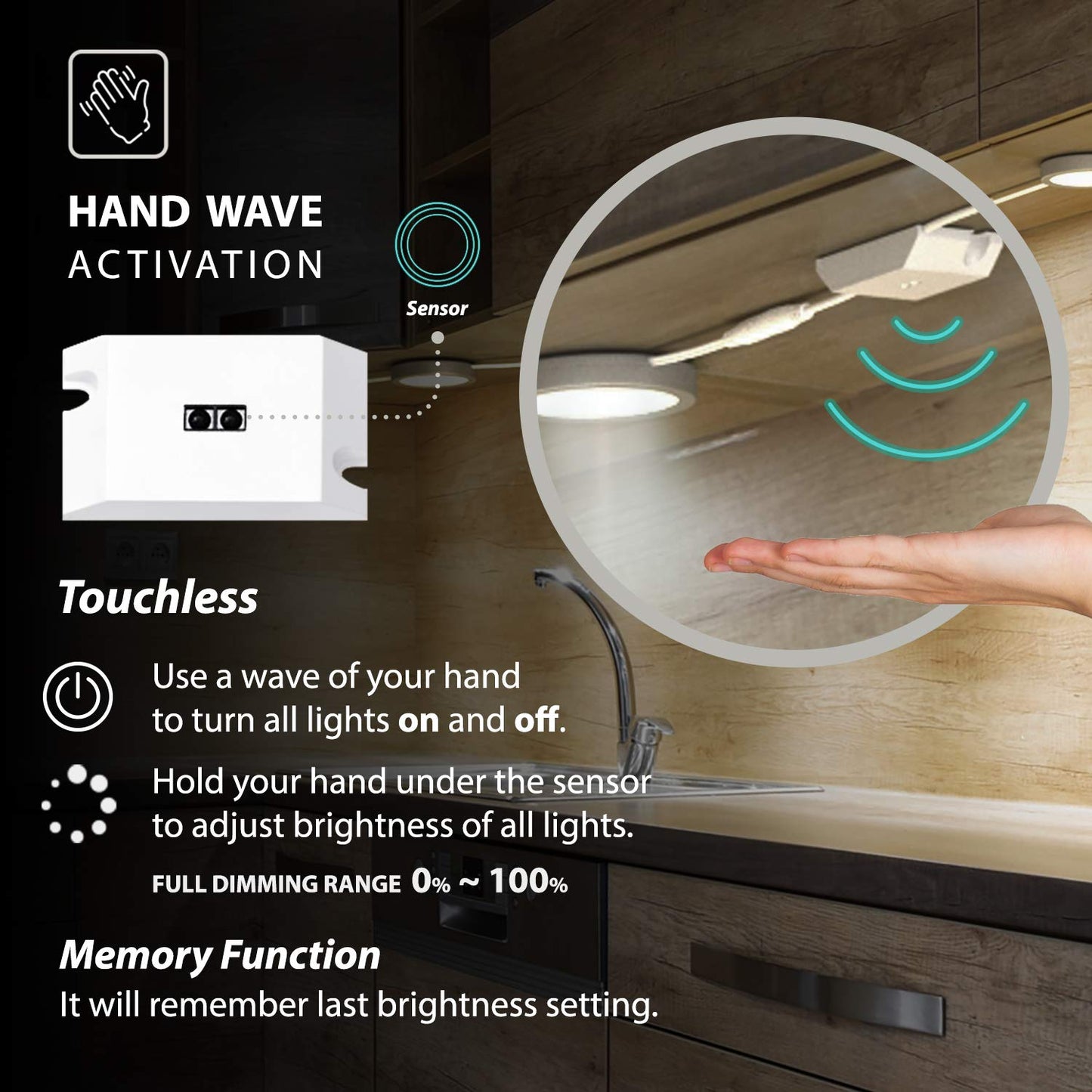 EShine Under Cabinet Puck Lights with Hand Wave Sensor – Circular LED Cabinet Lights – Dimmable – Pack of 3, Cool White (6000K)