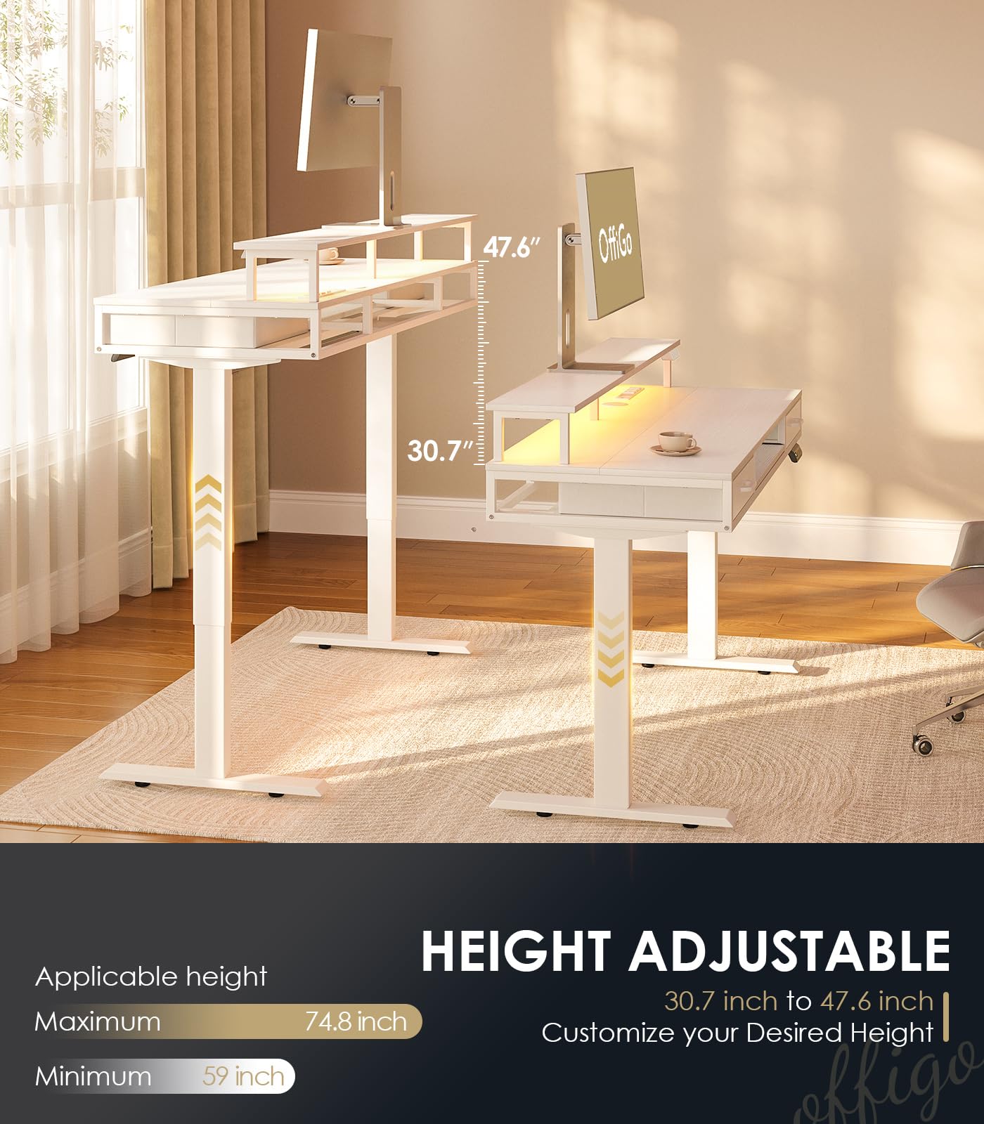 OffiGo Electric Standing Desk with Drawers & Keyboard Tray, 55 Inch Height Adjustable Desk with Power Outlets & LED Lights, Sit Stand Table with Monitor Stand for Home, Office, White
