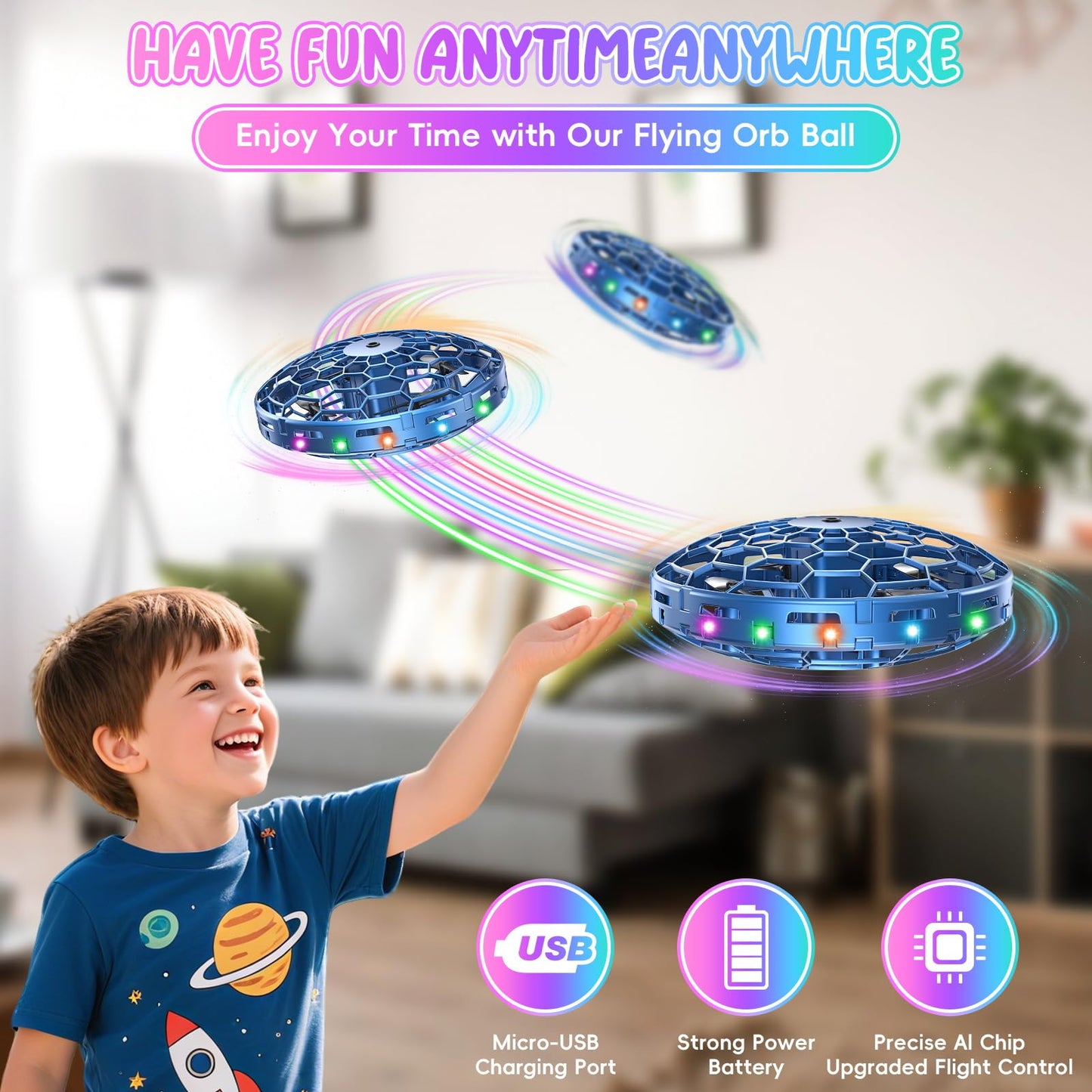 PYMSRTY Flying Toy Drone for Kids，360° Hands Free Motion Sensors Mini Drone with Cool LED Lights,Easy Indoor Small UFO Toy Flying Ball Drone for Kids -Blue