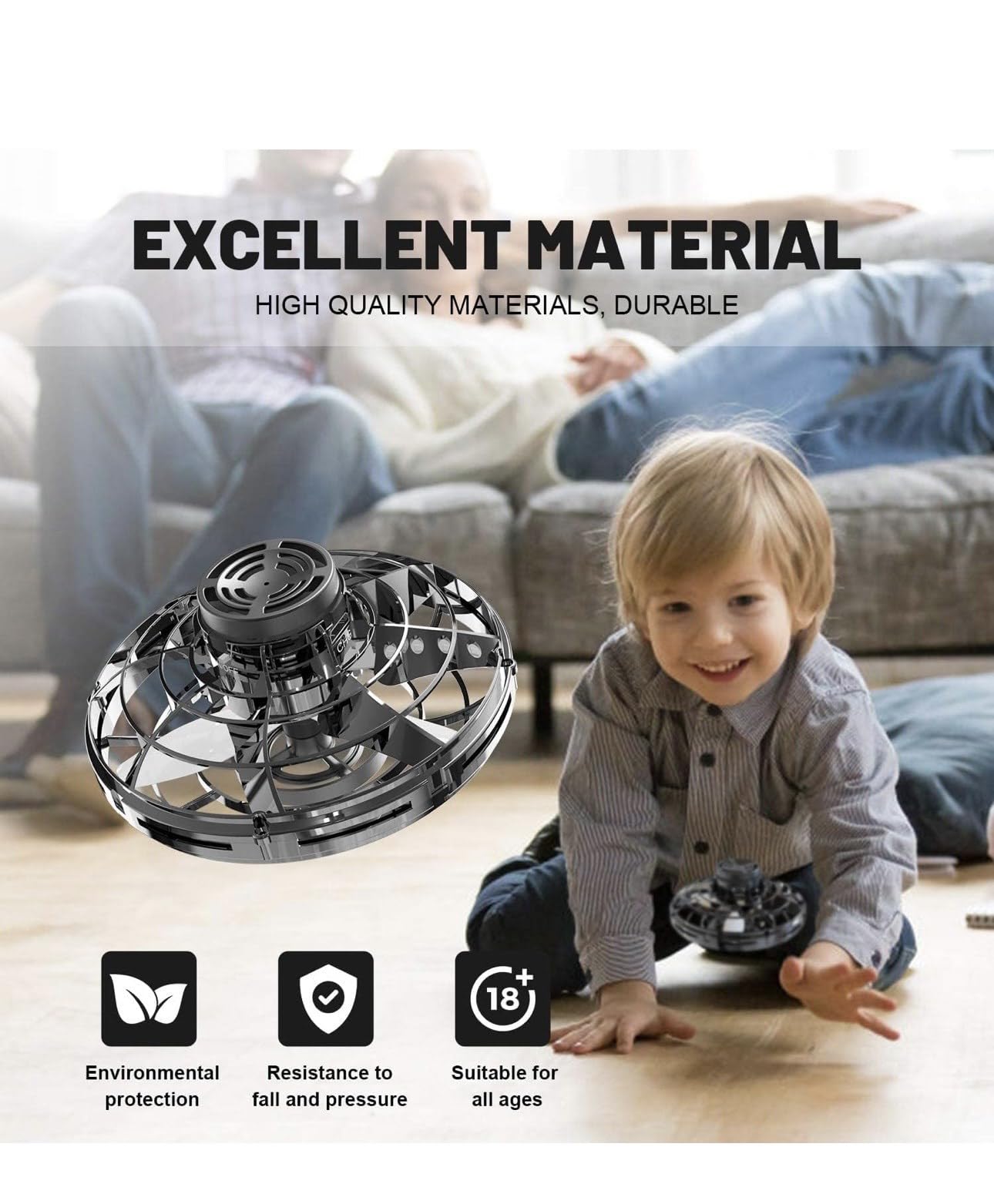 Flying Spinner Mini UFO Drone with Lights, 360°. Fidget Spinner Flying Boomerang Toys Magical Hand Controlled Gifts for Kids & Friends,Cool Game for Birthday Party Team Play (Black)