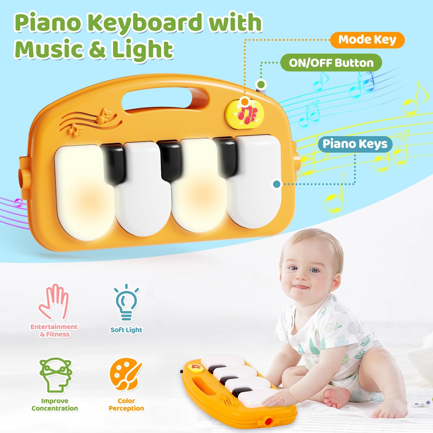 Baby Gym Play Mat with Walker, 2 IN 1 Kick and Play Piano Activity Center with Light & Music, Tummy Time Mat & Baby Push Toys for 0-6 12-18 Months, Sit-to-Stand Learning Walker for Infant Toddler Gift