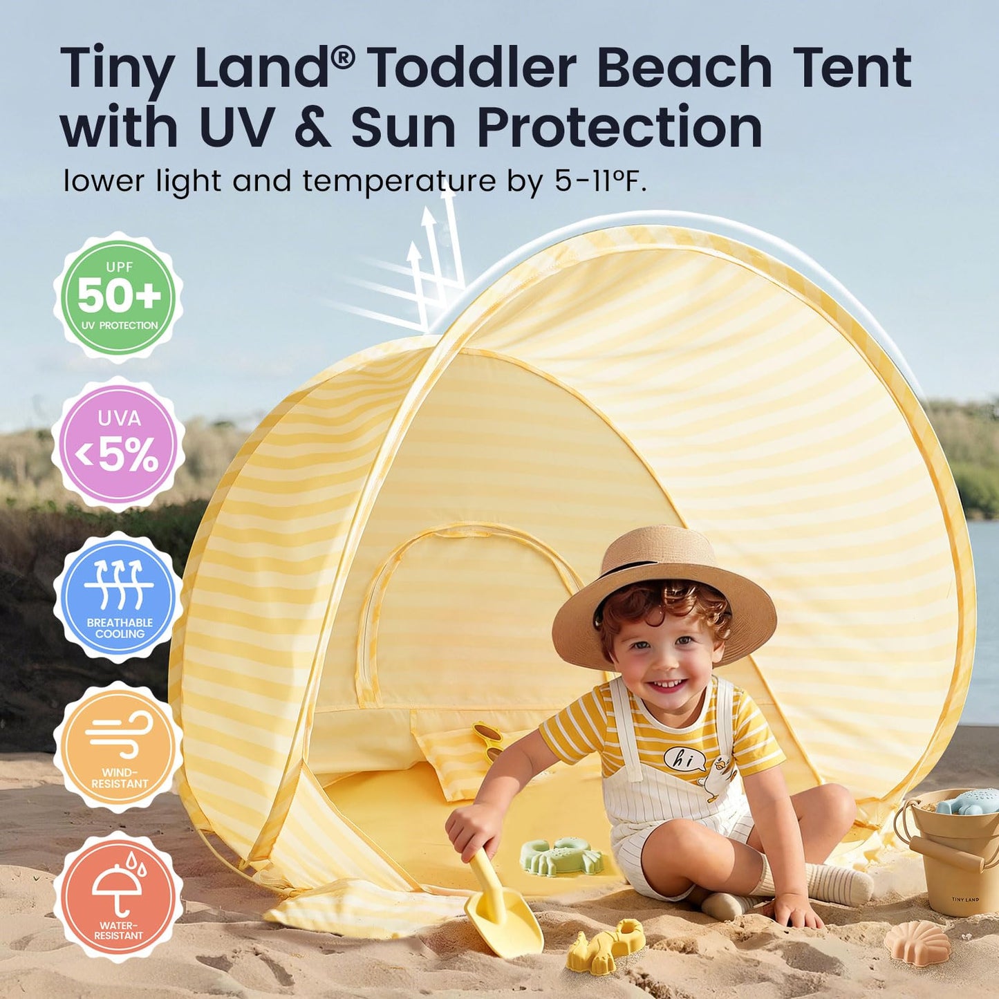 Tiny Land Baby Beach Tent – Pop Up Baby Tent with UV Protection, Portable Baby Beach Essentials, 35.4"x27.6"x31.5" Sun Shelter for Infants, Baby Summer Outdoor Use (Pastel Yellow Stripes)