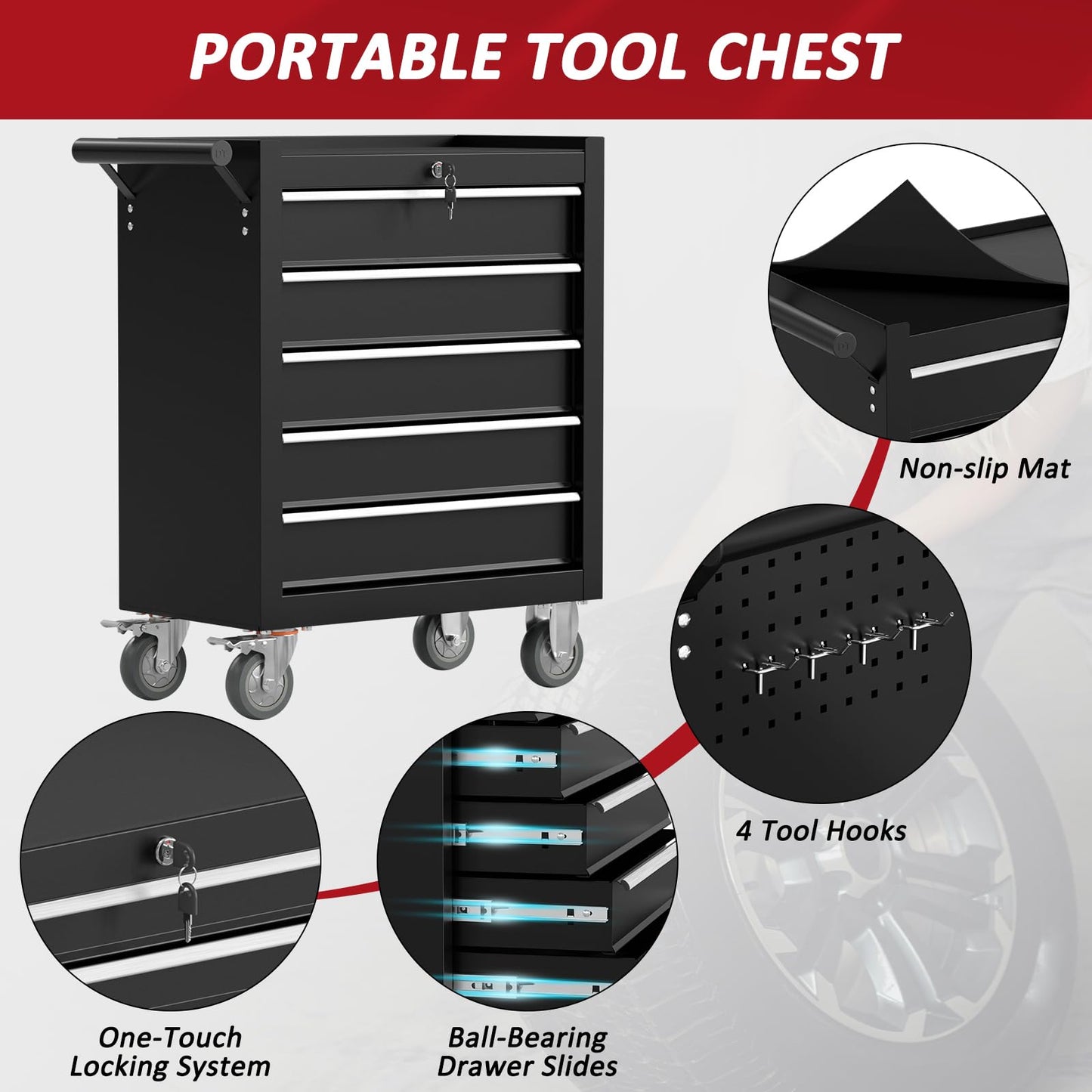 Kieperi 5-Drawers Rolling Tool Chest, Tool Chest with Wheels and Drawers, Rolling Box with Locking System, Tool Box with Wheels for Garage, Warehouse, Workshop (Black, 5 Drawers)