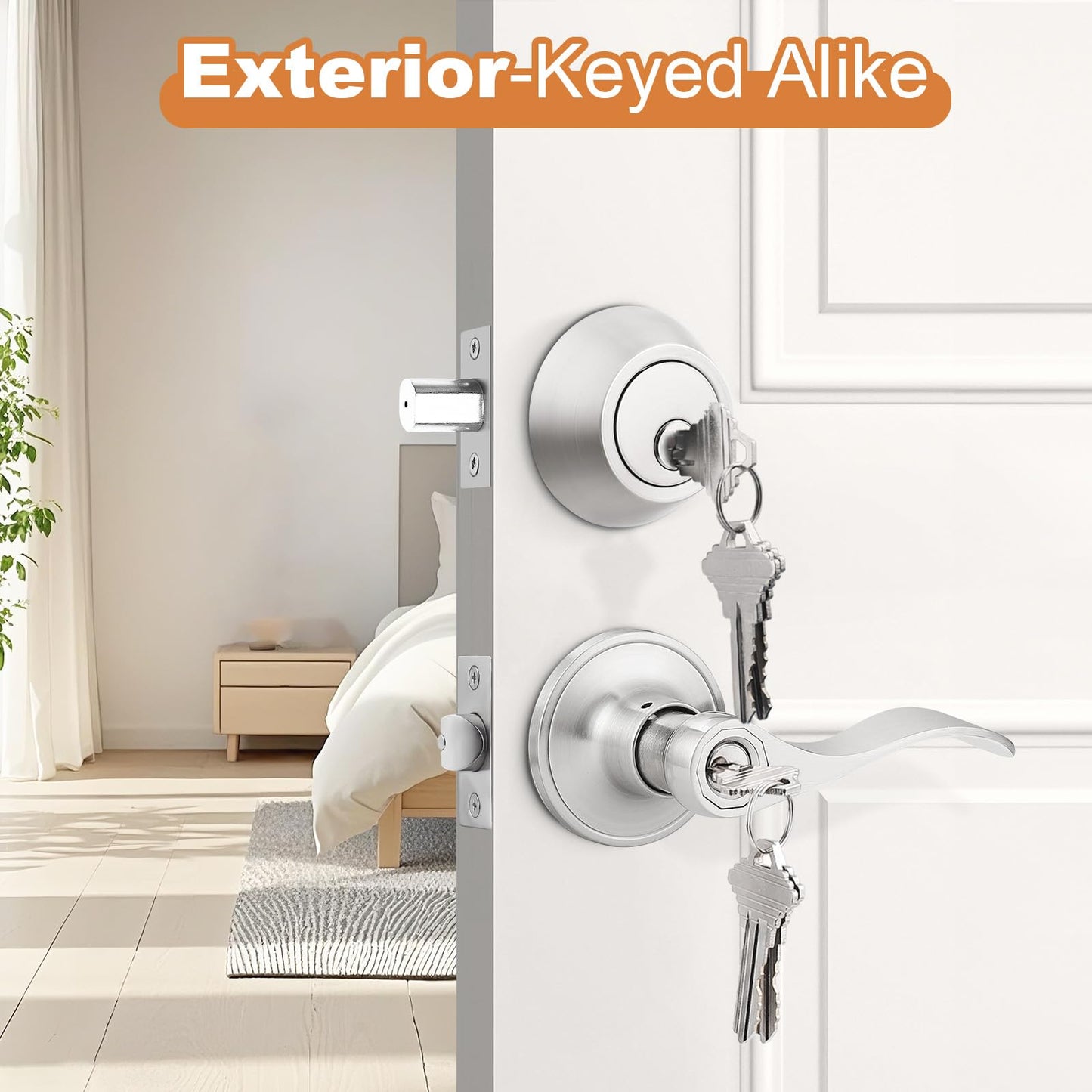 Probrico 6 Sets-Satin Nickel Exterior Entry Lever and Single Cylinder Deadbolt Combo Pack,Keyed Alike Entry Handleset for Front Entrance Door,Wave Shape Lever,Contractor Park
