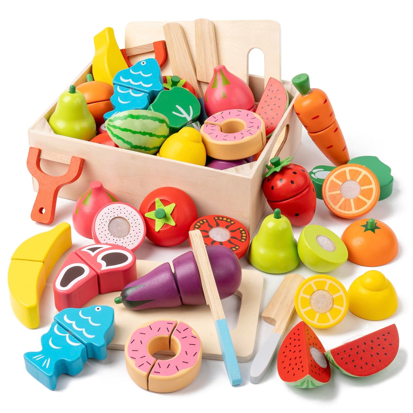 KDSFT Wooden Play Food for Toddlers - 34Pcs Velcro Fruit and Veggies with Basket & Chopping Board, Play Food Sets for Kids Kitchen Accessories, Cutting Fruit Set for Ages 3+
