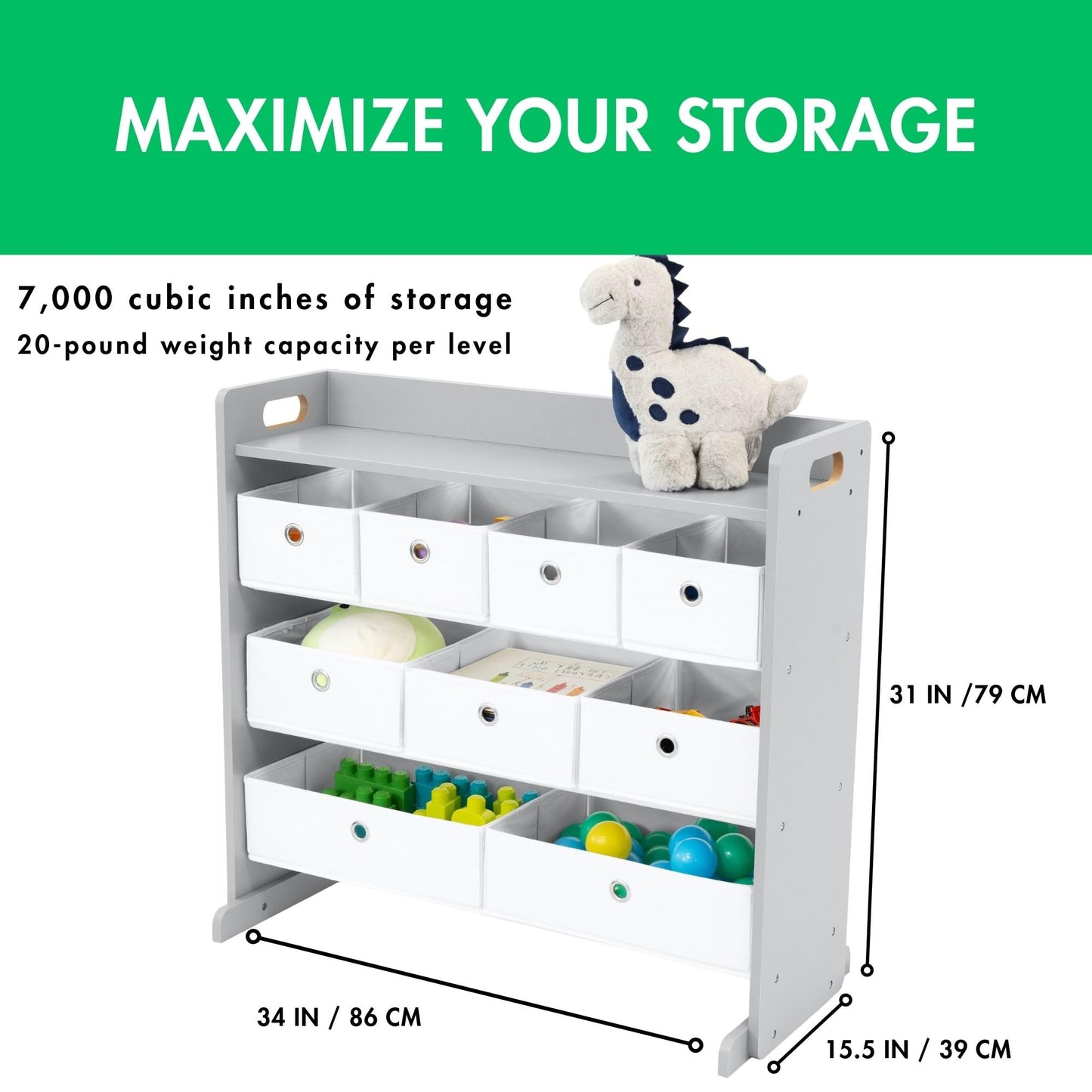 Humble Crew Toy Storage Organizer with Top Shelf and 9 Fabric Bins, Grey/White – Toddler Bookshelf with Toy Organizer - Modern Toy Rack Ideal for Kids' Rooms, Playrooms, and Nurseries