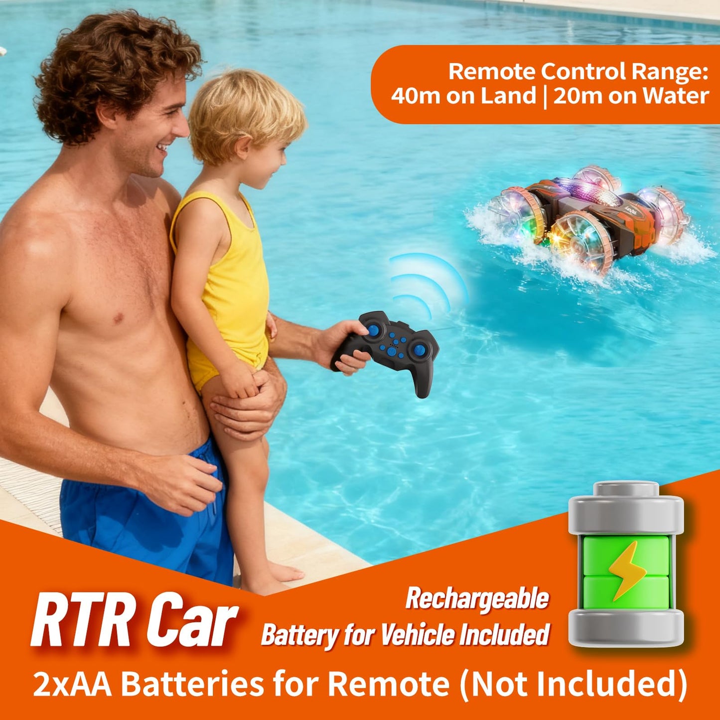 MOMONOVA Amphibious Remote Control Stunt Car with Colorful LED Wheels for Kids 4-7 8-12, 4WD Double-Sided RC Stunt Car, 2.4GHz Remote, 360° Flip, Waterproof Vehicle Toy for Boys Girls Birthday Gift