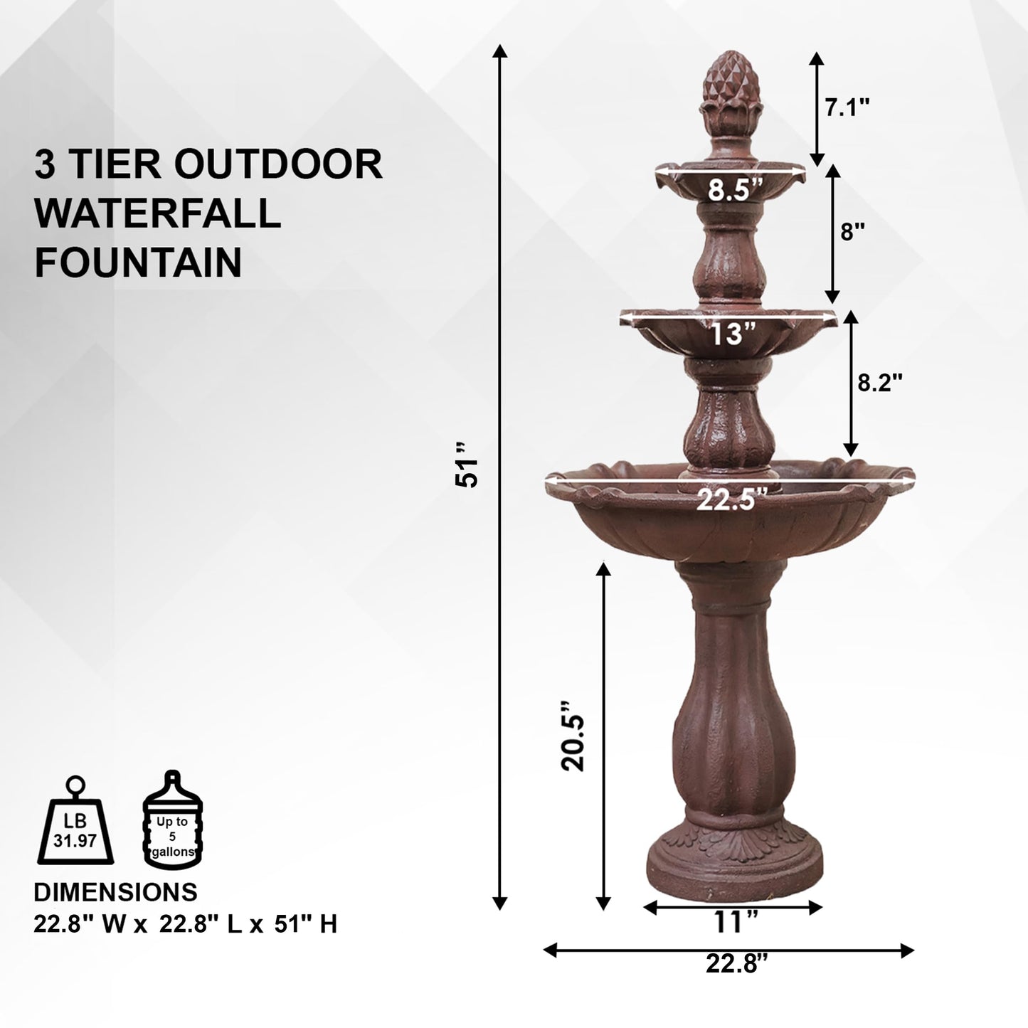 XBrand 3-Tier Freestanding Waterfall Fountain w/Pump & Pineapple Top, 51 Inch Tall, Brown, Large Outdoor Garden Fountain, Ideal for Garden, Porch, and Lawn