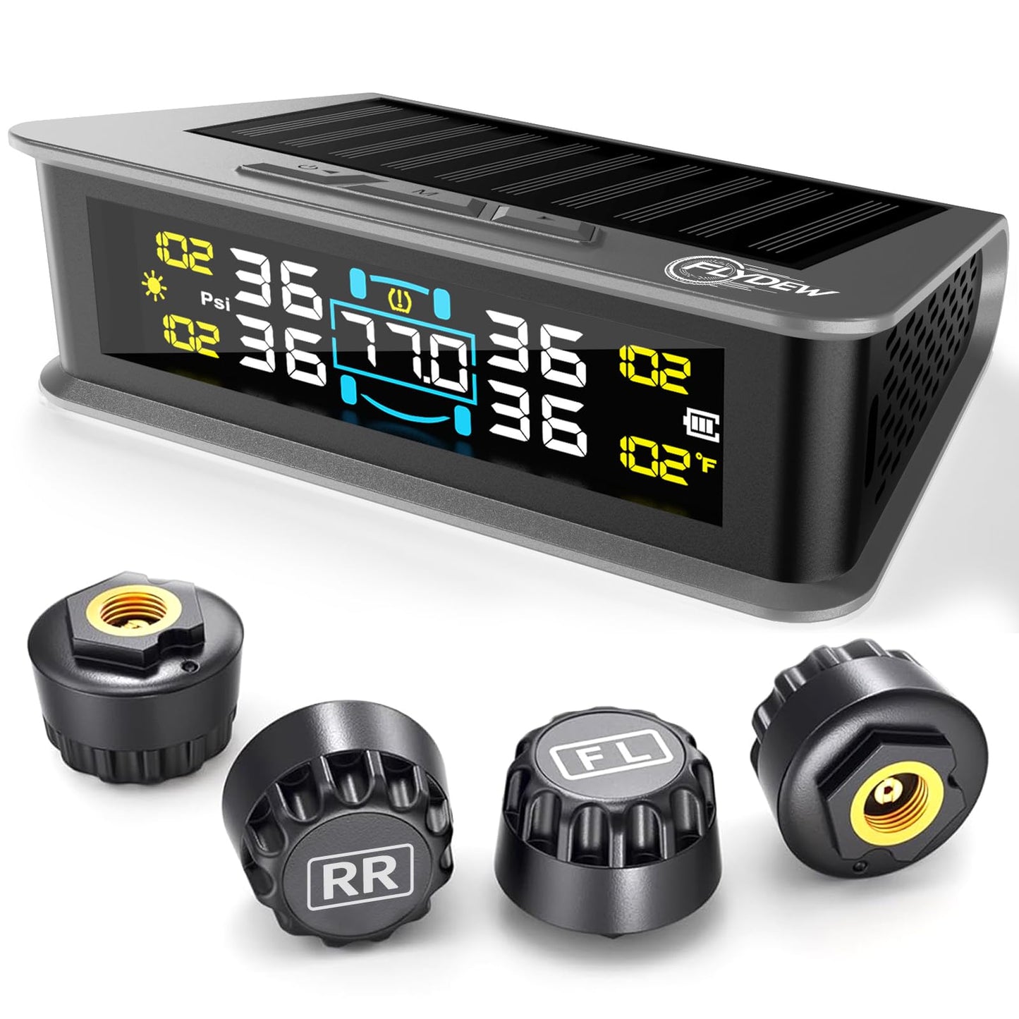 RV Tire Pressure Monitoring System (TPMS) - TPMS sensors set of 4 & 6 Alarm Modes | Solar/USB Charger | LCD Display | for RV/Truck/SUV/MPV/Sedan | TPMS Kit