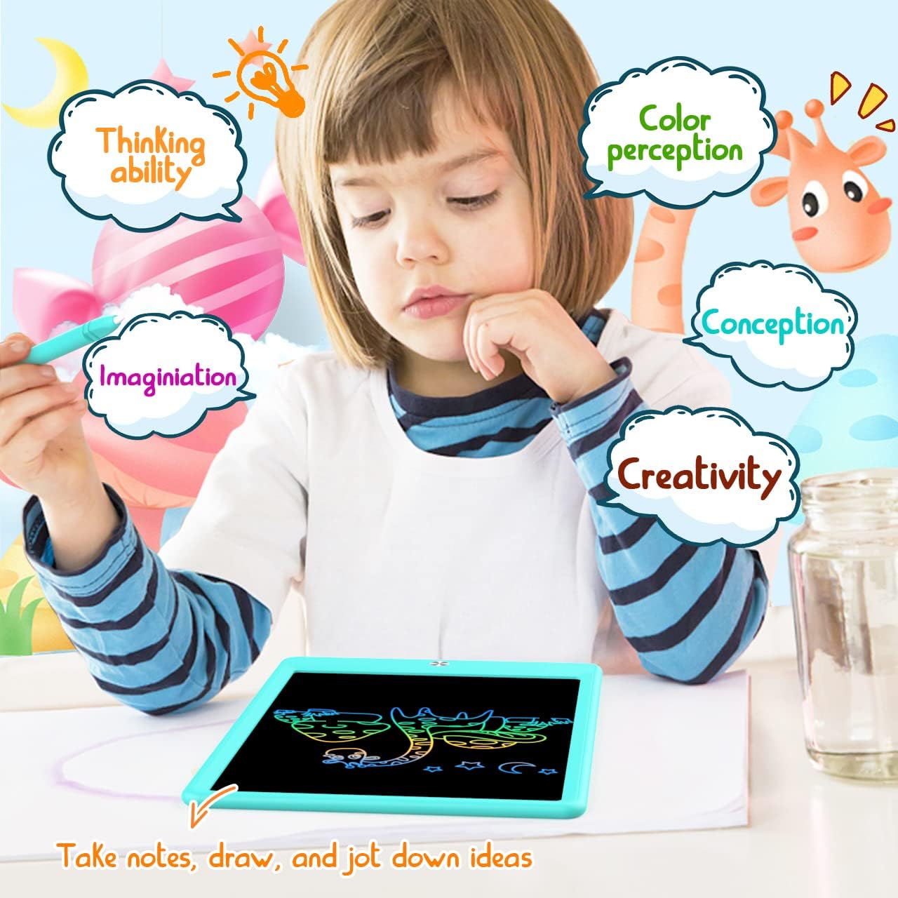 BUKEBU LCD Writing Tablet Doodle Board, Colorful Drawing Pad, Electronic Drawing Tablet, Drawing Pads,Travel Gifts for Kids Ages 3 4 5 6 7 8 Year Old Girls Boys (10.5 inch, Blue&Pink)