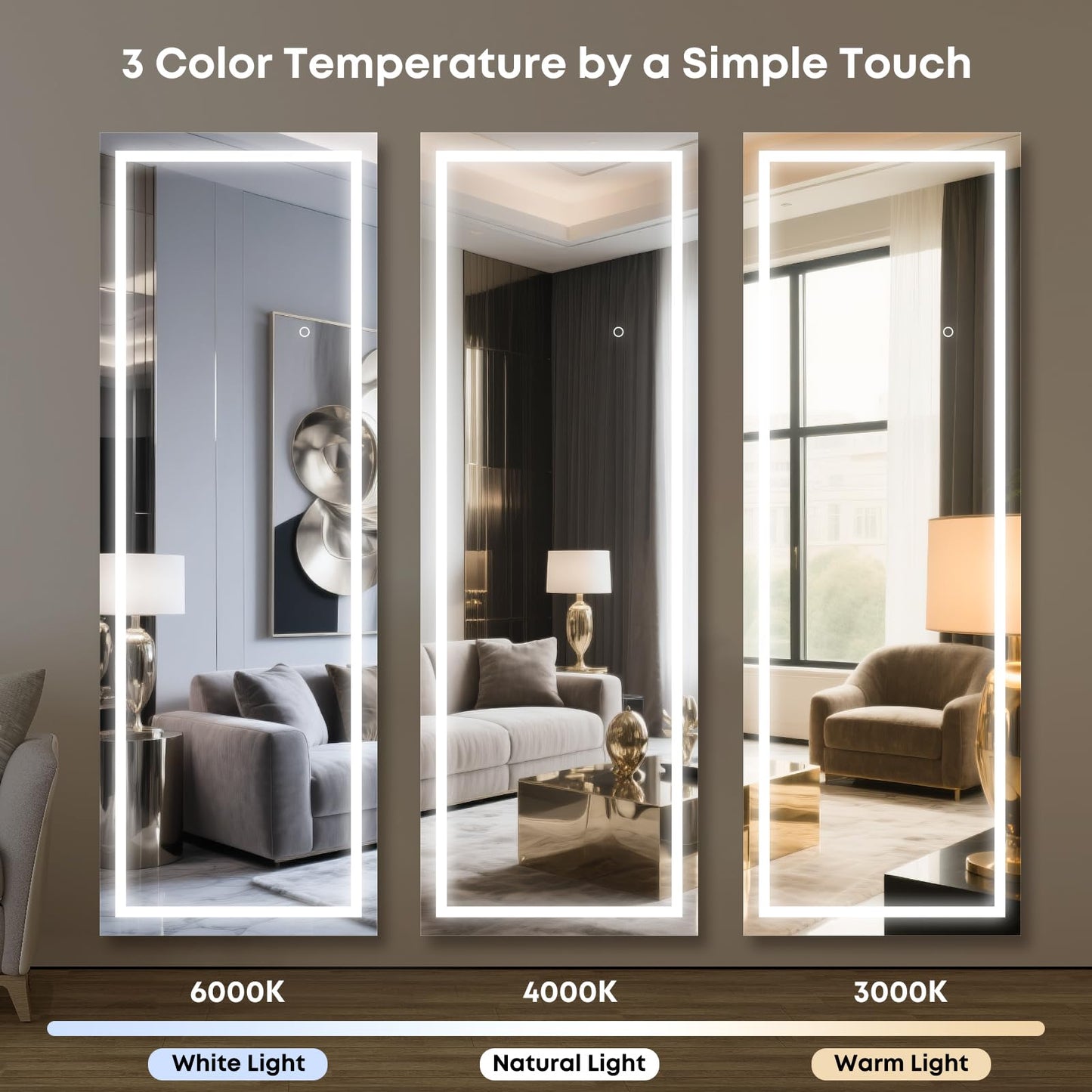 Kosmonia 65x22 Frameless Full Length Mirror, Dimmable 3 Color LED Light w/Memory Function, Distortion Free, HD Reflection & Anti Desilvering, Tempered Glass & Shatter Proof Film Doubling Safety