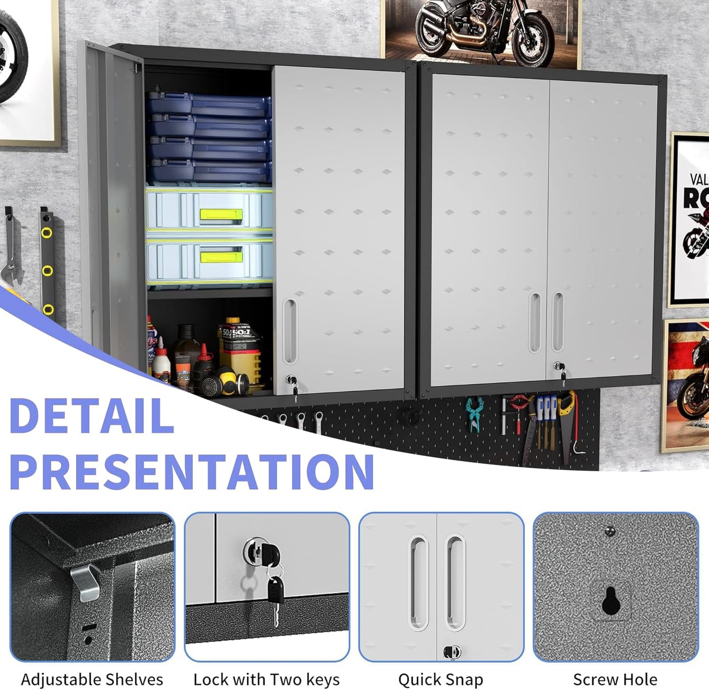 EKJ Metal Garage Wall Cabinet with Lock, Wall Mounted Metal Storage Cabinets with Doors and Shelf, Lockable Floating Tool Storage for Garage Basement Utility Room