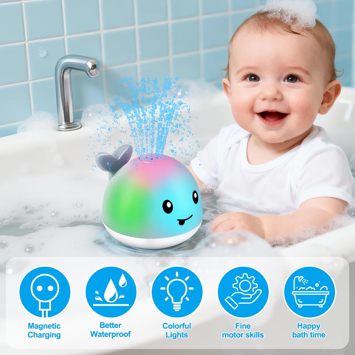 Gigilli Baby Bath Toys, Magnetic Rechargeable Bath Toys for Kids Ages 1-3, Toddler Bathtub Pool Water Table Toys Sprinkler, 1 Year Old Boy Girl Gifts, Light Up Whale Bath Toy for Babies 6-12-18 Months