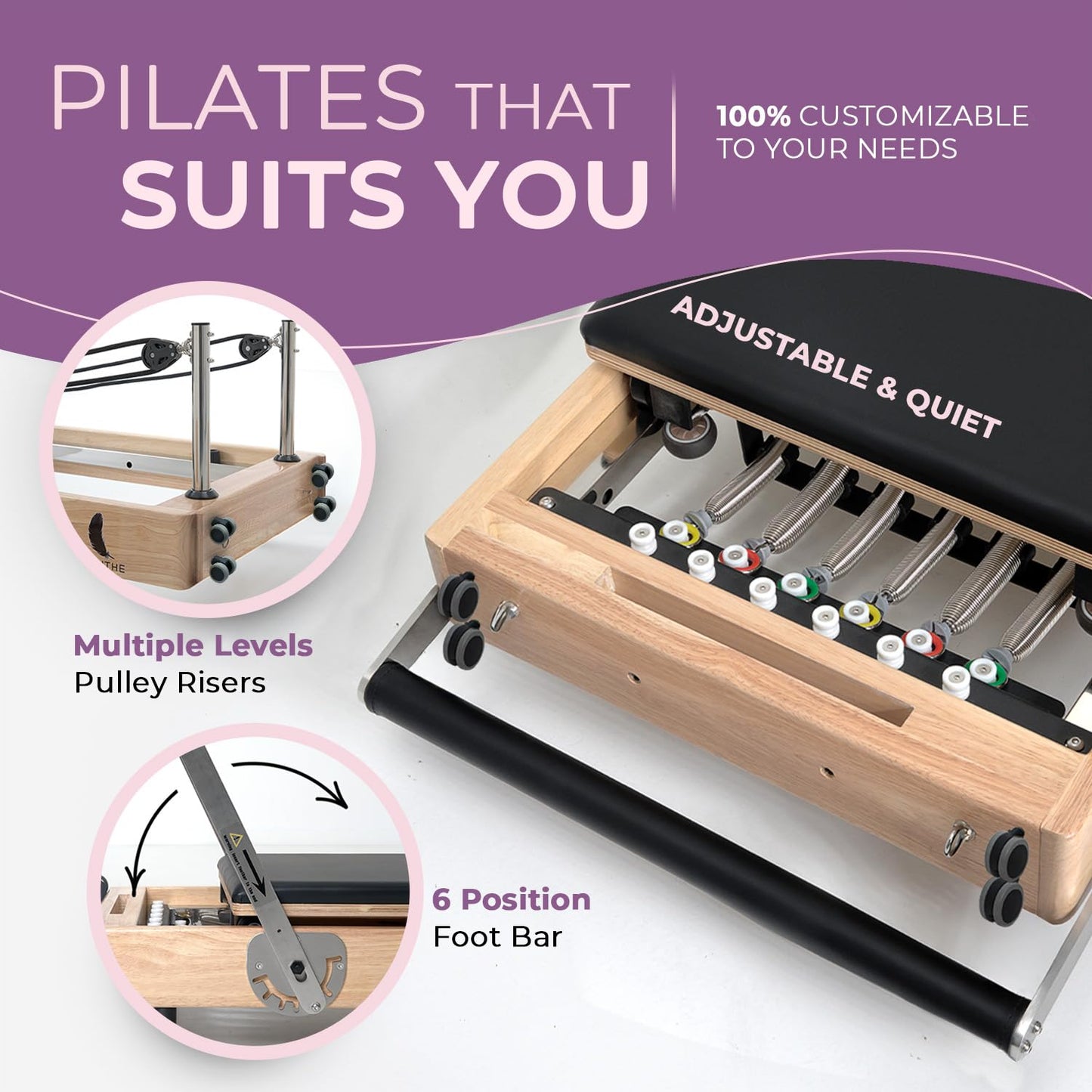 Airlithe Foldable Pilates Reformer Machine|Wooden Frame Reformer Machine with Strings, Versatile Accessories & 50+ Expert-Guided Workouts|Equipment for Strength Training, Rehabilitation, & Flexibility