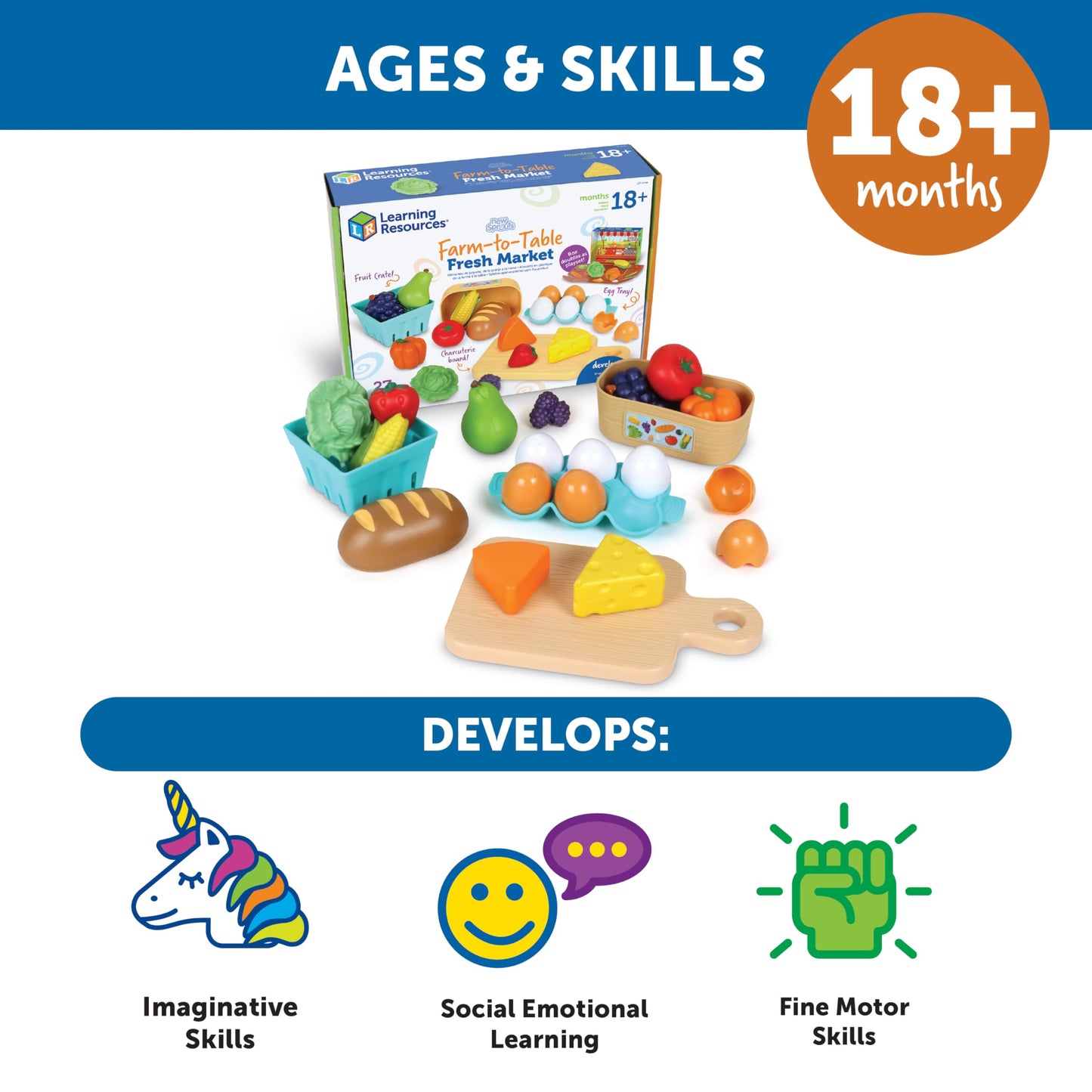 Learning Resources New Sprouts Farm-to-Table Fresh Market - Pretend Play Food for Kids, Grocery and Kitchen Play Toys, Toddler Fine Motor Skills, Montessori Activities, Gifts for Boys and Girls