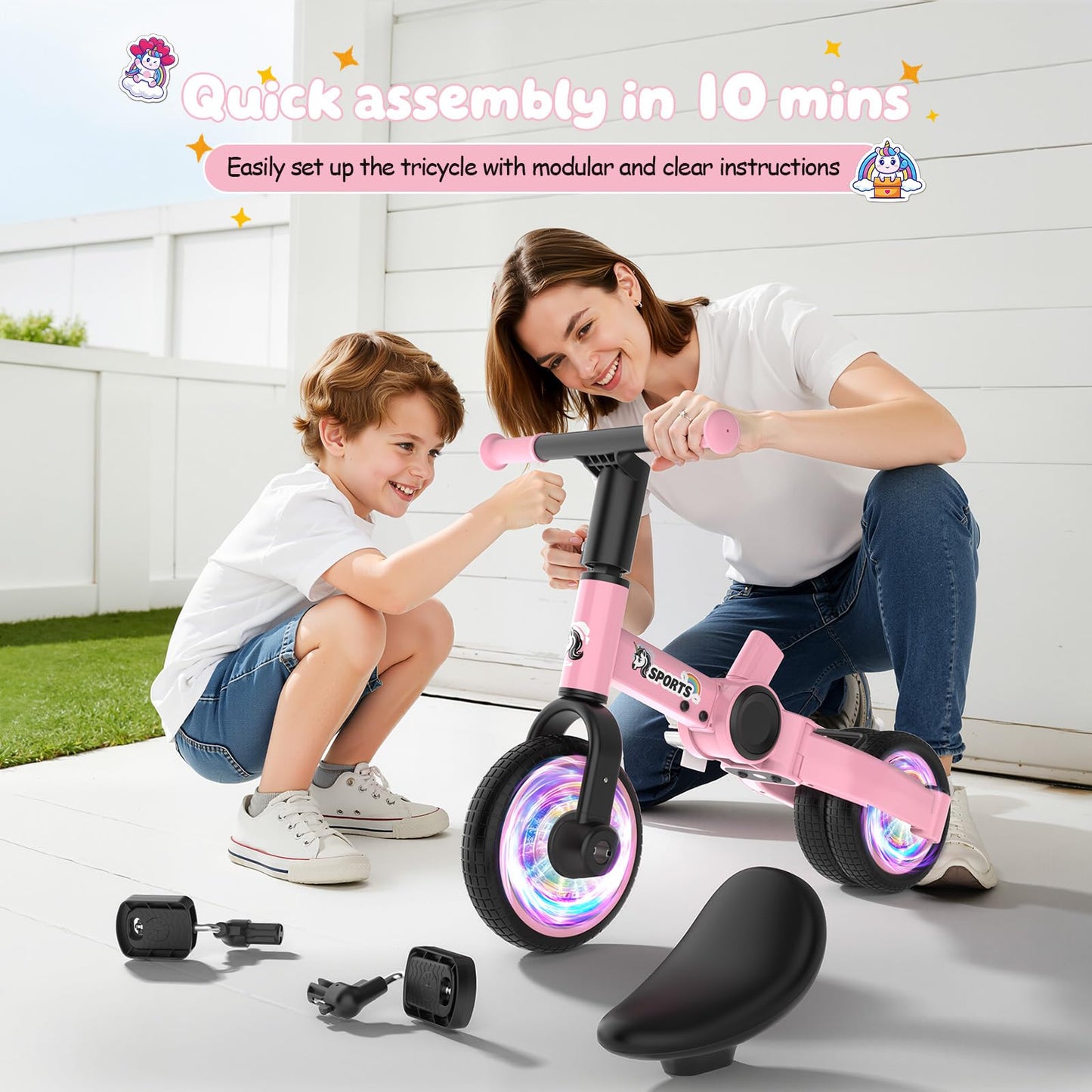 3 in 1 Toddler Balance Bike for 1-4 Year Olds, Colorful Lighting Baby Toddler Tricycle for 1 2 3 4 Year Old with Removable Pedals, Kids Bicycle Toy for Boys Girls Balance Training, Birthday Gift