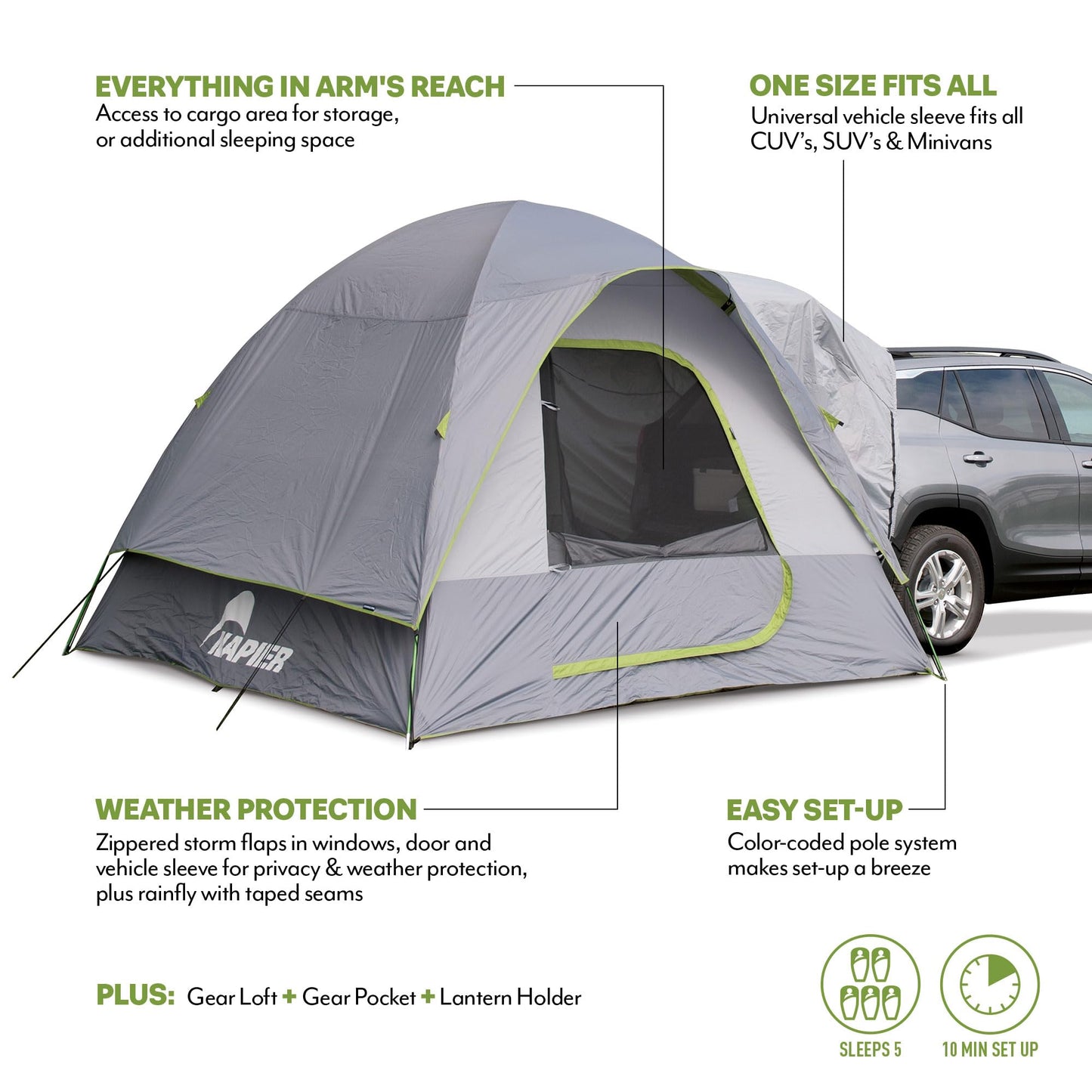 Napier Backroadz SUV Tent | 10' x 10' SUV Car Camping Tent | Fits All CUVs, SUVs, and Minivans | Sleeps 5 | Spacious, Durable, Easy Set-up | Gray/Green | Model 19100