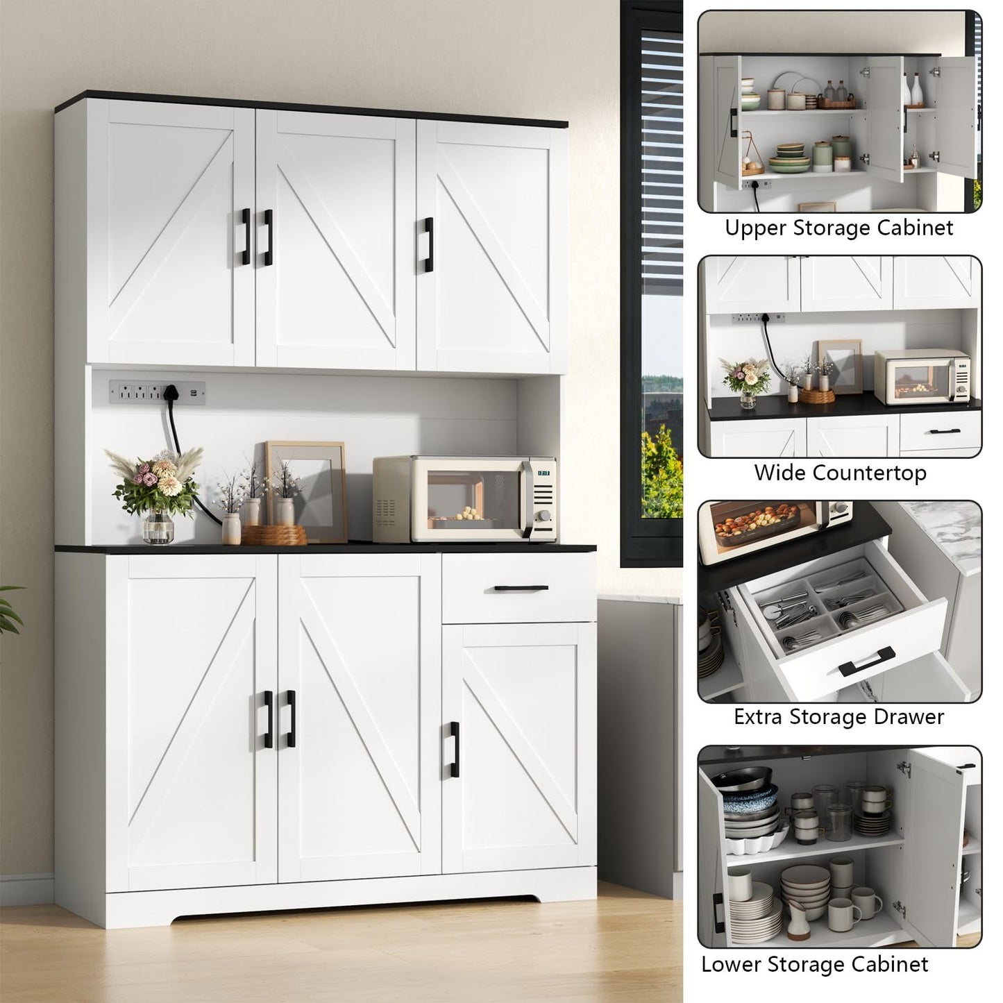 71" Tall Kitchen Pantry Storage Cabinet with Charging Station,Farmhouse Buffet Cabinet with Microwave Shelf,Large Kitchen Hutch Cabinet Doors & Drawer,Food Pantry for Dining Room,Living Room (White)
