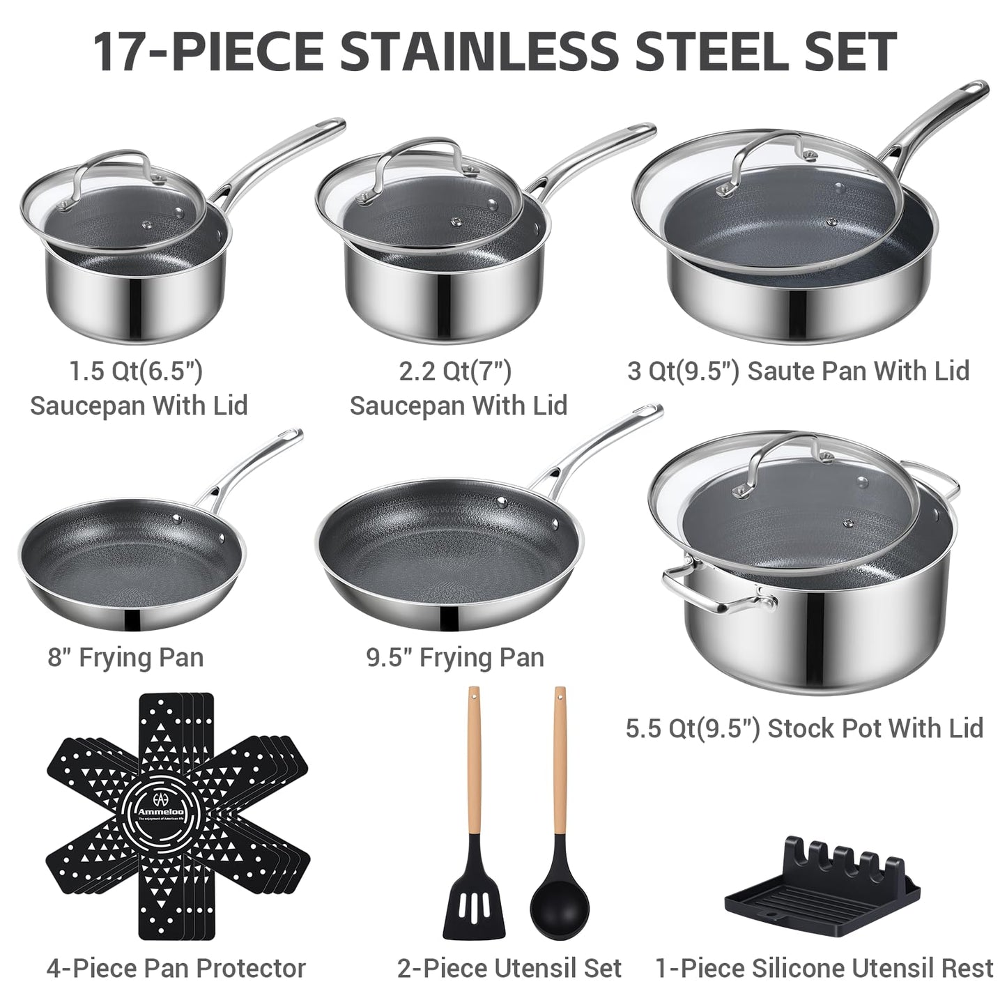 Ammeloo 17 Pcs Nonstick Stainless Steel Cookware Set, Hybrid Stainless Steel Pots and Pans Set Non Stick, Non Toxic Kitchen Cookware Sets, Dishwasher & Oven Safe, Induction & All Cooktop Compatible