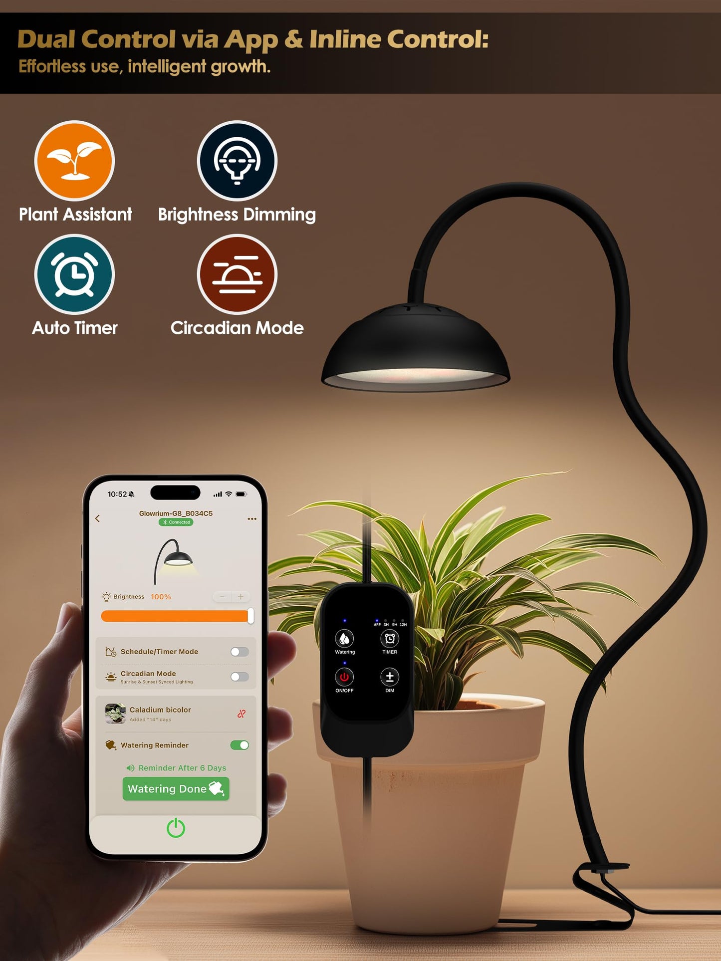 GLOWRIUM Smart Grow Lights for Indoor Plants,10W Full Spectrum LED Plant Light with 3/9/12 Timer,10 Dimmable Levels,Height Adjustable Grow Light with Base (Black)