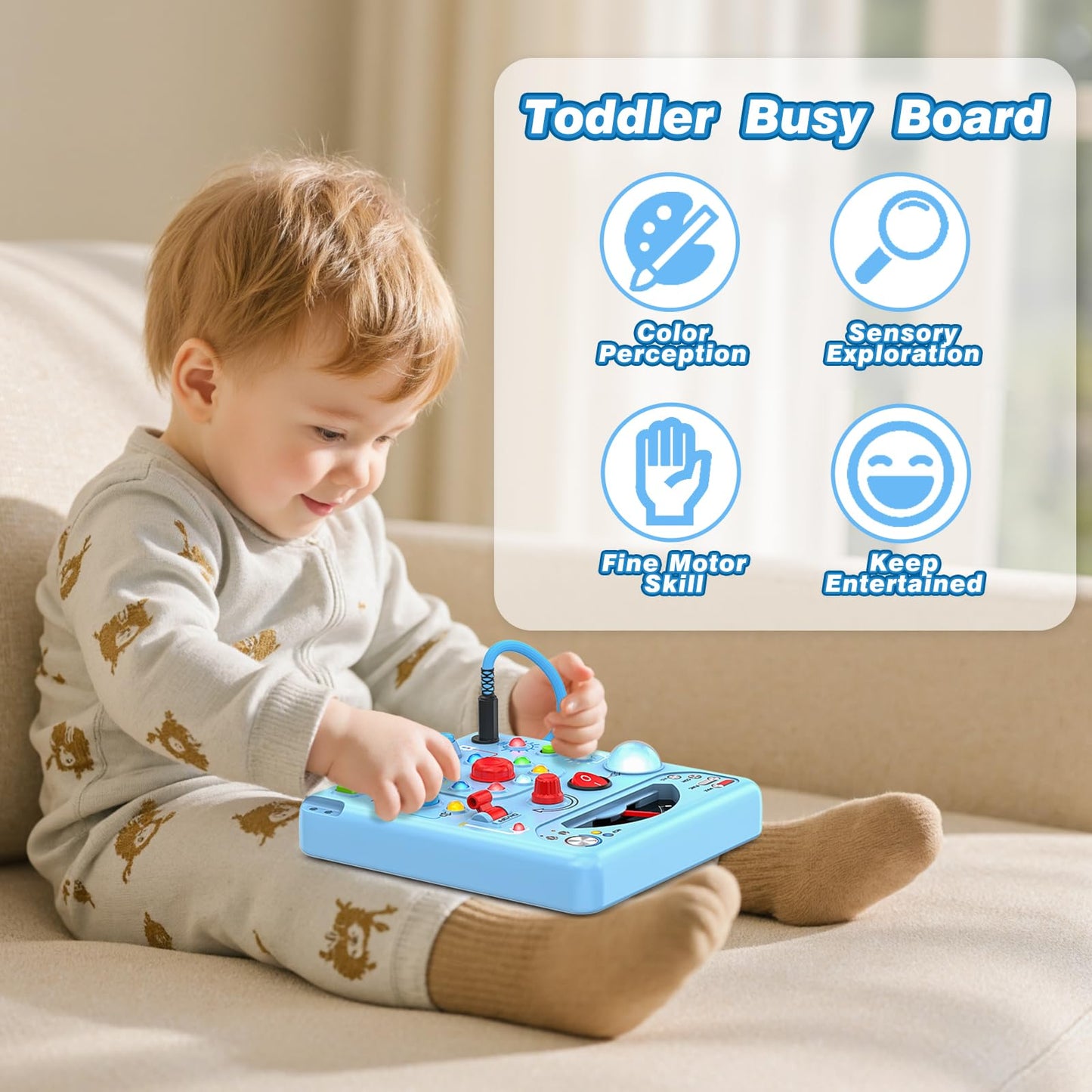 Busy Board Montessori Toys for Toddlers 1 2 3 4 Year Old with 13 LED Lights, Sensory Board Toys Educational Learning for Toddlers, Activity Toy Christmas Birthday Gifts for 1+ Year Old Boys and Girls
