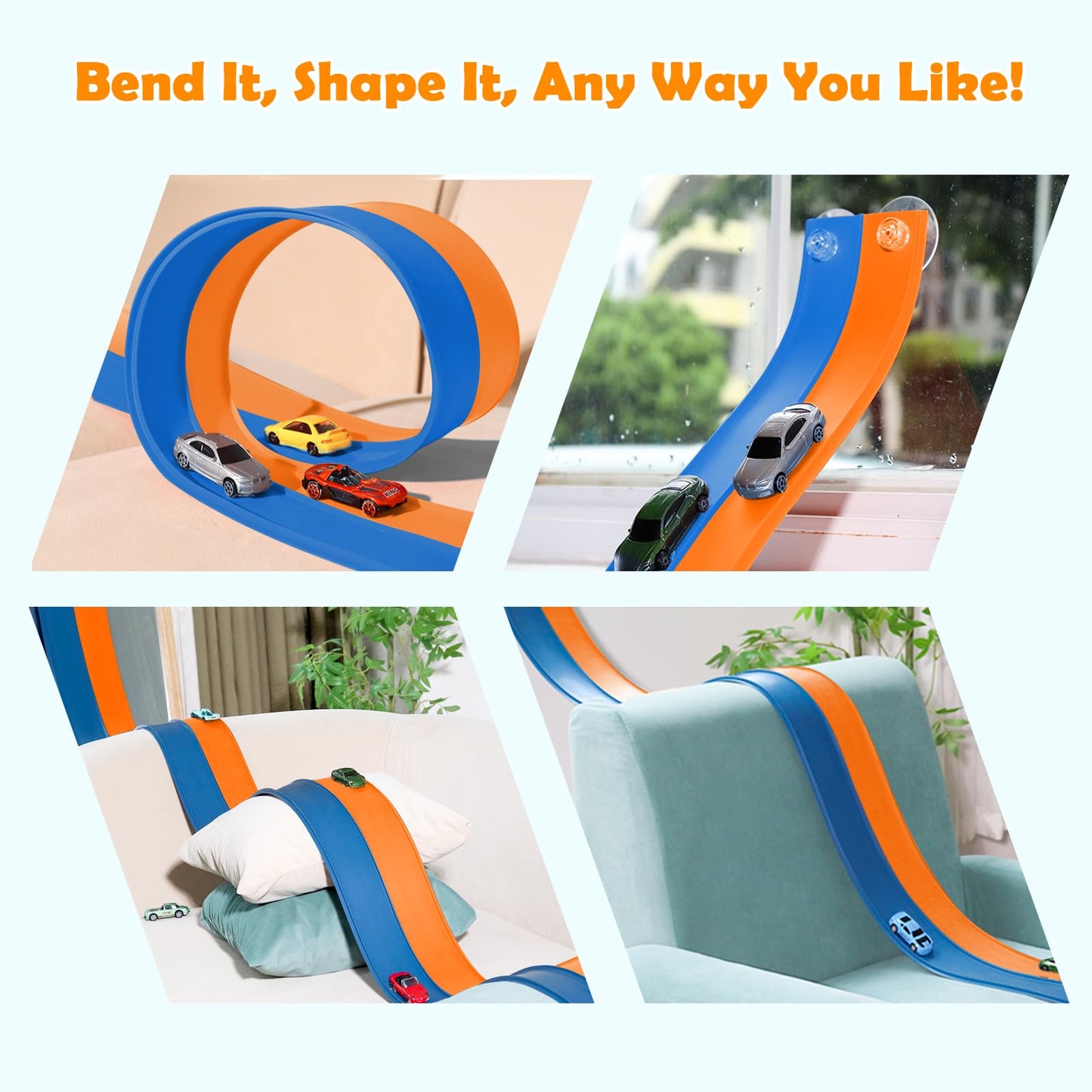 15 Ft Flexible Race Track for Kids 3+, Certified Safe Flex Race Car Ramp, Portable Roll-Up Toy Track Starter Set with Strong Suction Cups for 1/64 Diecast Cars, Great Gift for Boys and Girls
