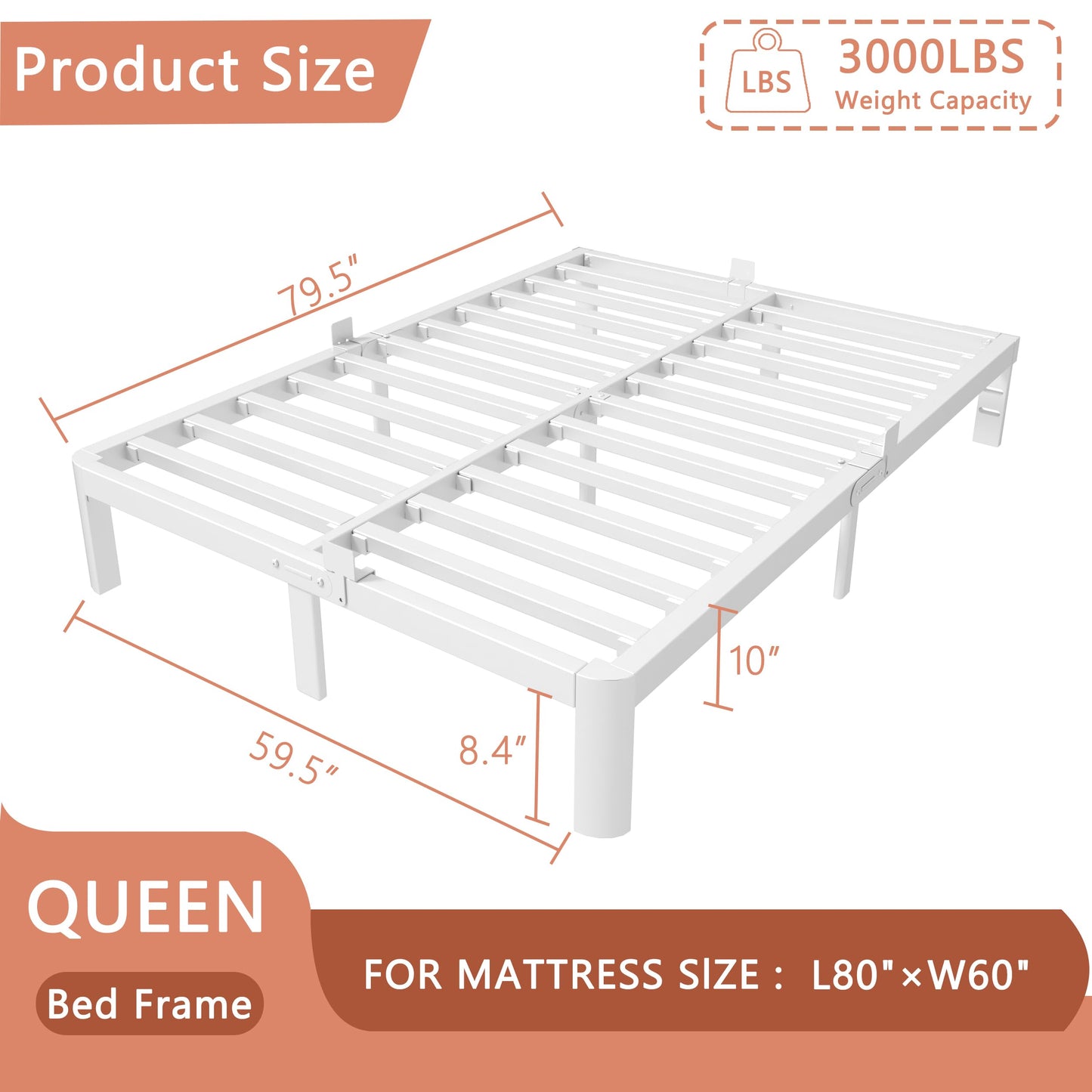 HQU 10 Inch Queen Bed Frame with Metal Baffles, White Bed Frame Queen Size No Box Spring Needed, Heavy Duty Steel Platform Support, Reserved Holes, Storage Space, Round Corner Design, Noise Free