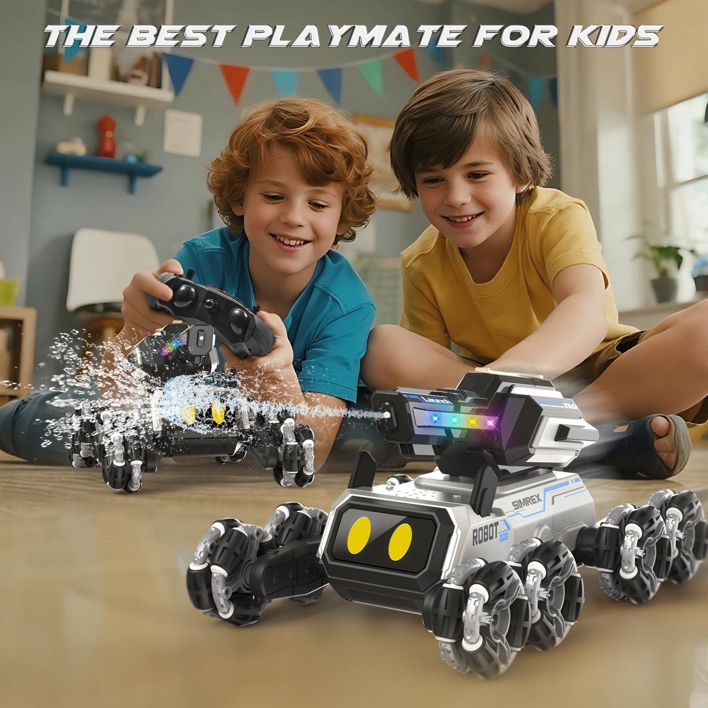 SIMREX Robot Dog RC Stunt Car Toys - Gesture Sensing Remote Control car with Mecanum Wheels, LED Eyes, 3 Sound Effects,Water-Shooting Turret & RGB Lights,Birthday Gift for Kids Boys Girls