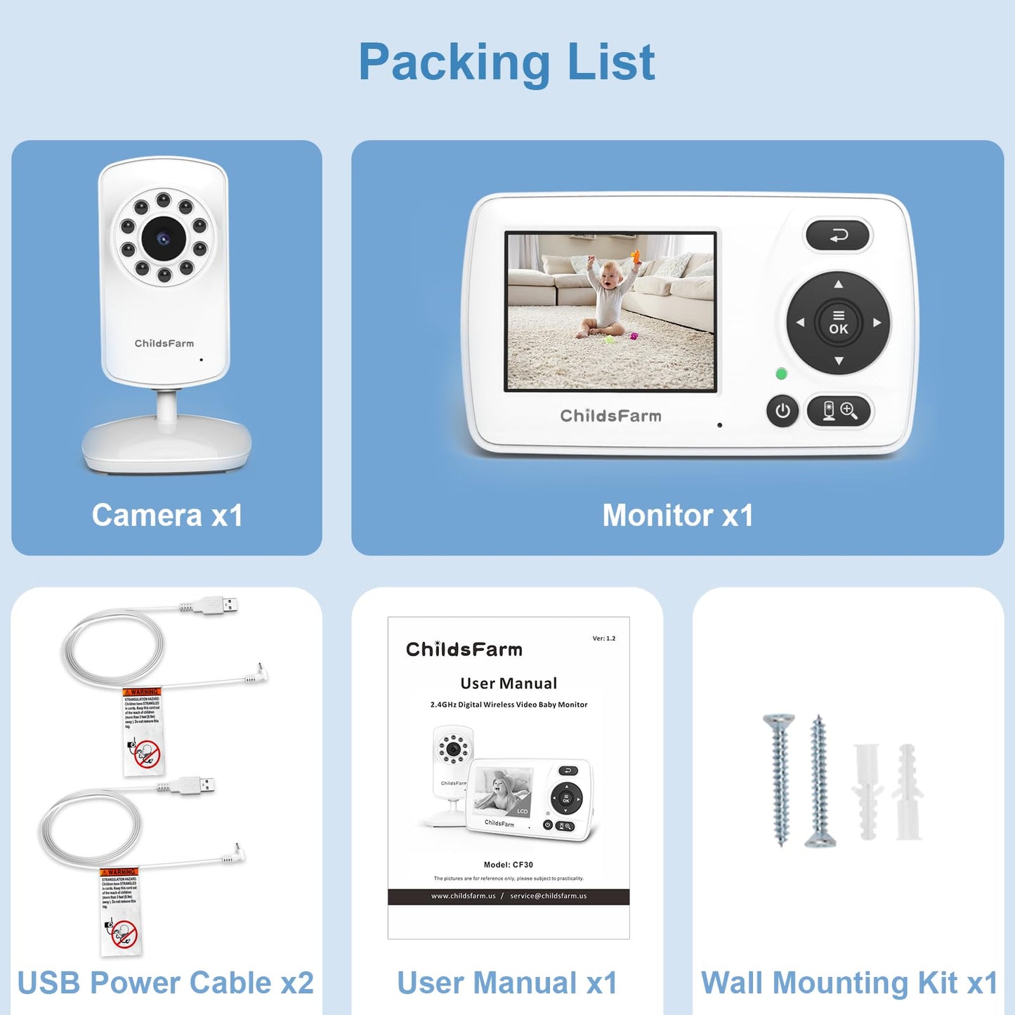ChildsFarm Baby Monitor with Camera and Audio, Portable Travel Baby Monitor with Screen, Baby Camera Monitor No WiFi, Night Vision, VOX Mode, 1000ft Long Range, Baby Safety Monitor