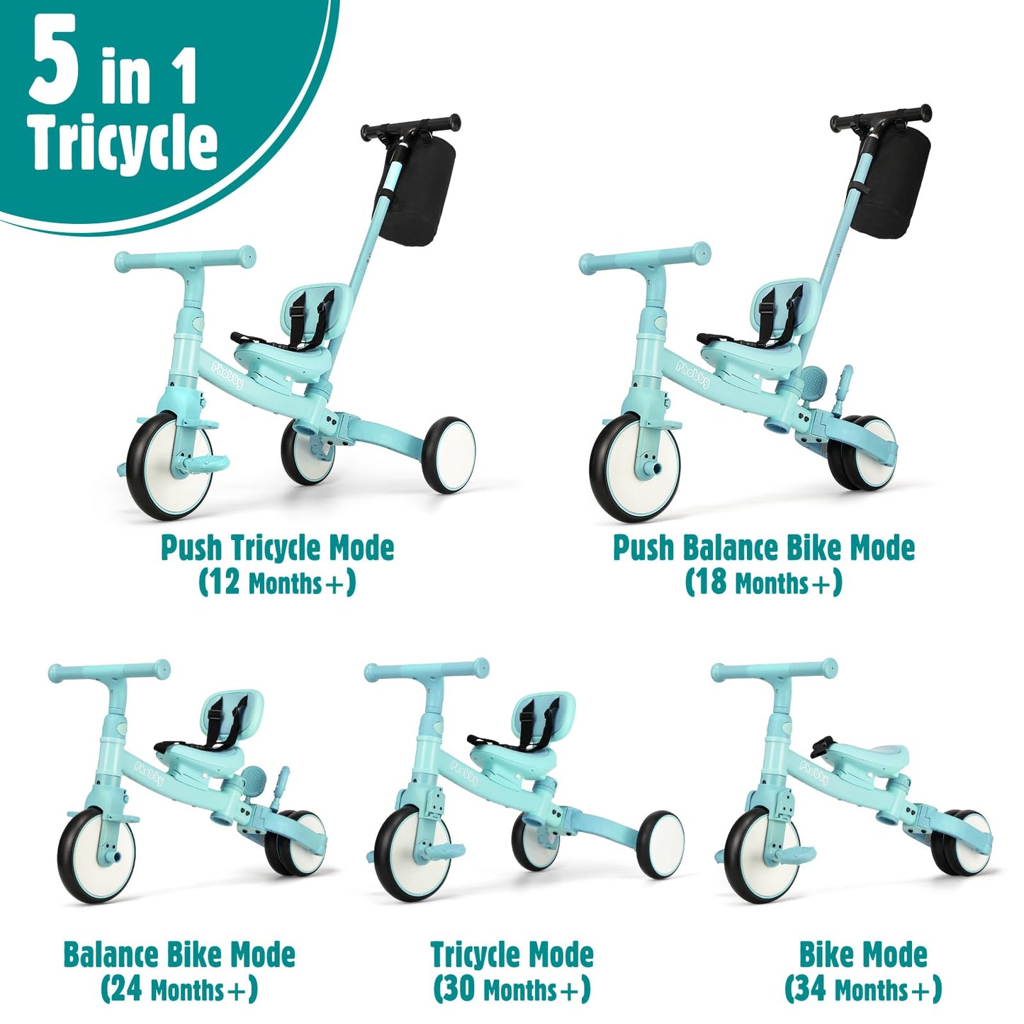 Phobby 5 in 1 Toddler Tricycle with Steering Push Handle for 1 2 3 4 Years Old, Kids Trike with Removable Pedals, First Riding Toy for Boys Girls Birthday Gift, Blue