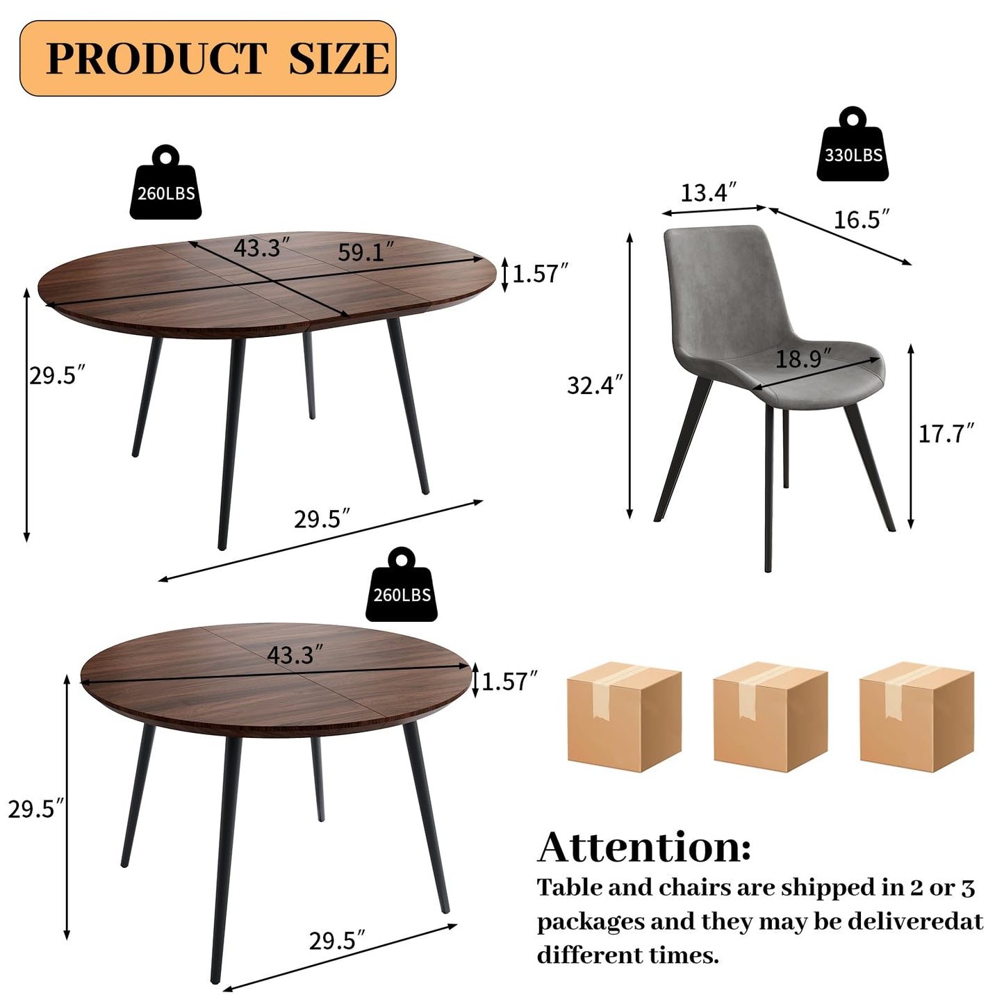 HIPIHOM 43.3"-59.1" Extendable Round Dining Table Set of 6, Mid Century Wooden Round Kitchen Table, Coffee Table for 4-6 Person,6 Gray PU Leather Chair