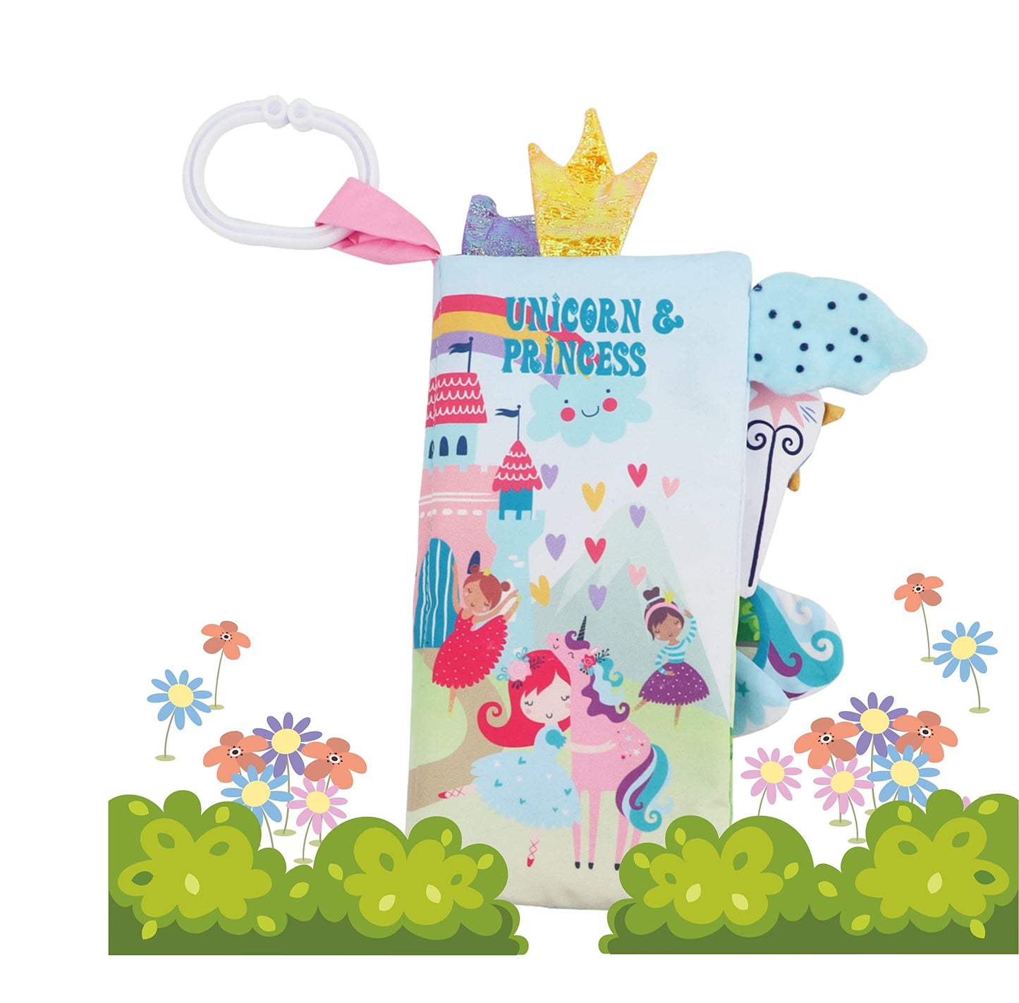 bebe mondo Unicorn Baby Books 0-6 Months Toys 6 to 12 Months, Touch Feel Cloth Crinkle Books for Babies,Infants, Soft Sensory Stroller Toys, Easter Baby Gifts Shower Items, Chweing Book (Princess)