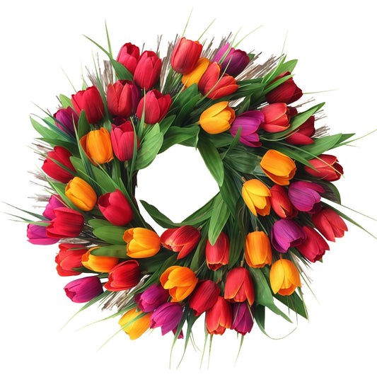 Vestamore Red, Yellow, Orange, Vibrant Petals with Faux Spring Wreath, 15.8 in/ 40 Cm for Front Door, Rattan Base Natural, Decoration Spring Multi-Purpose Home and Outdoor