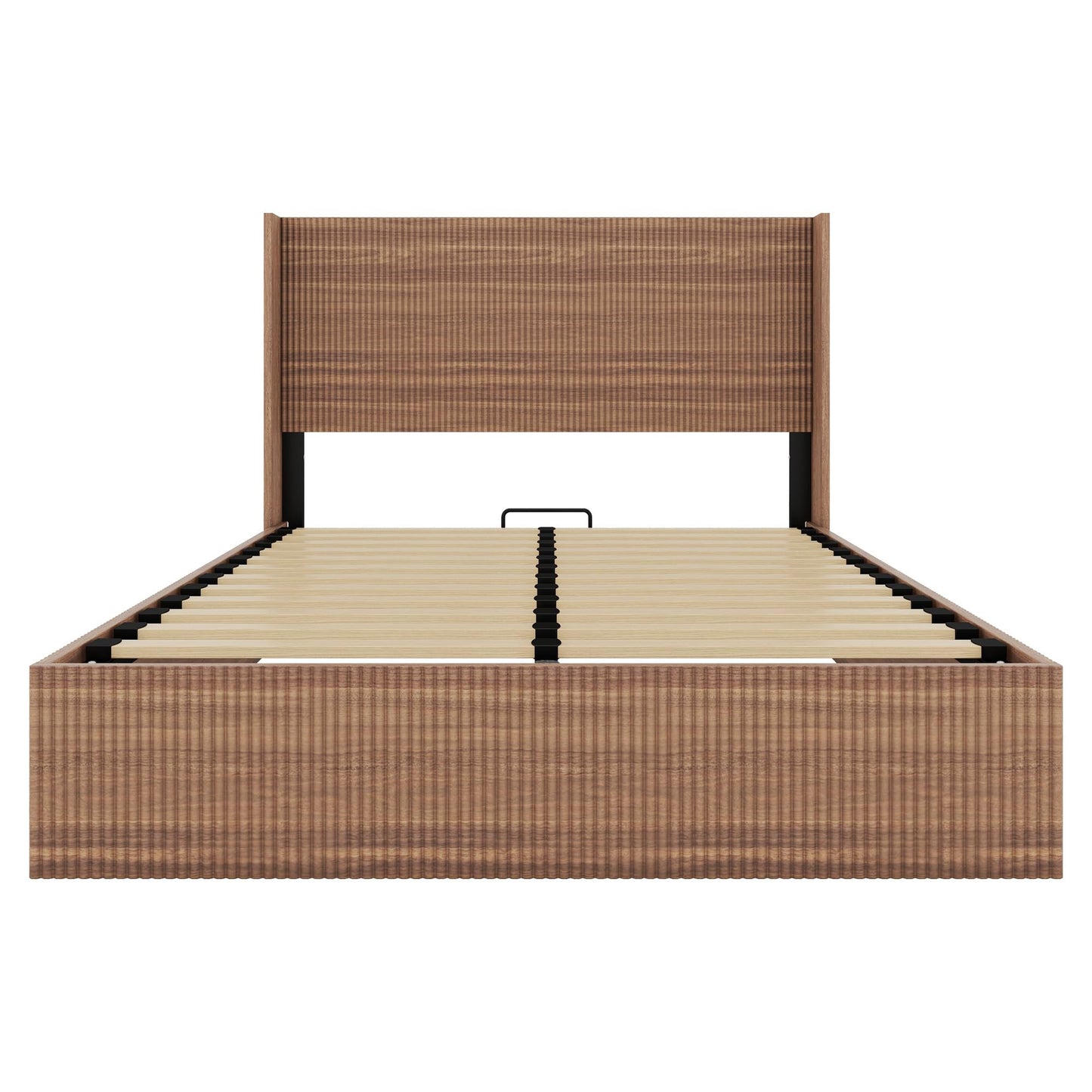 Lift Up Storage Bed Queen Size, Queen Bed Frame with Headboard and Lift Storage System, Wood Headboard with Wing-Back and Convex Groove Board Design