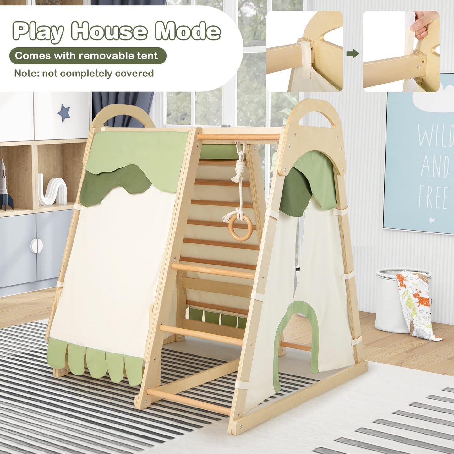 INFANS 7 in 1 Kids Indoor Playground, Wooden Montessori Climber Playset with Tent Slide Climbing Rock Climbing Net, Playground Jungle Gym Structure Climbing Toys for Toddlers Boys Girls