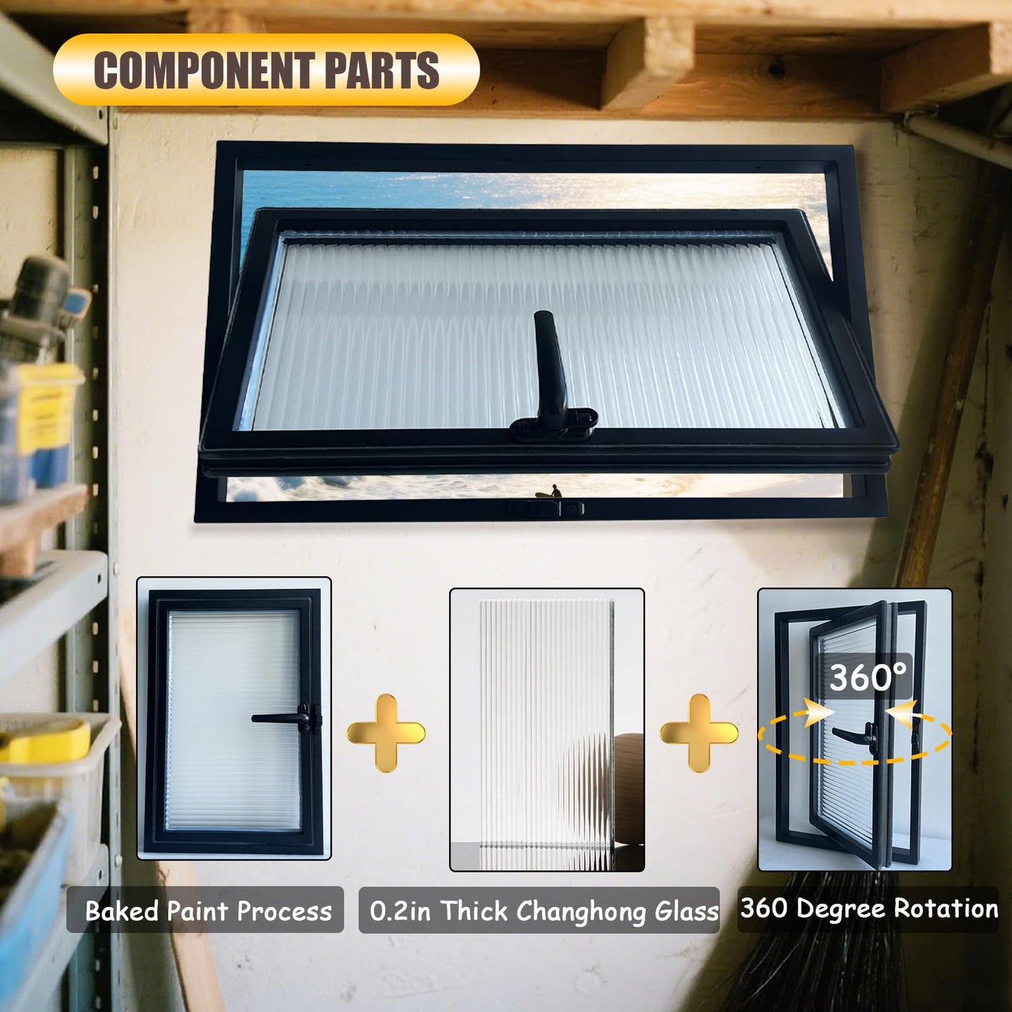 28x24in Windows for houses, 360° Rotation Sliding Window, Flush Mount Rotating Ventilated Windows, Basement Window with Tempered Glass, for Bathroom/Kitchen/Warehouse/Playhouse (White, 28x24in)